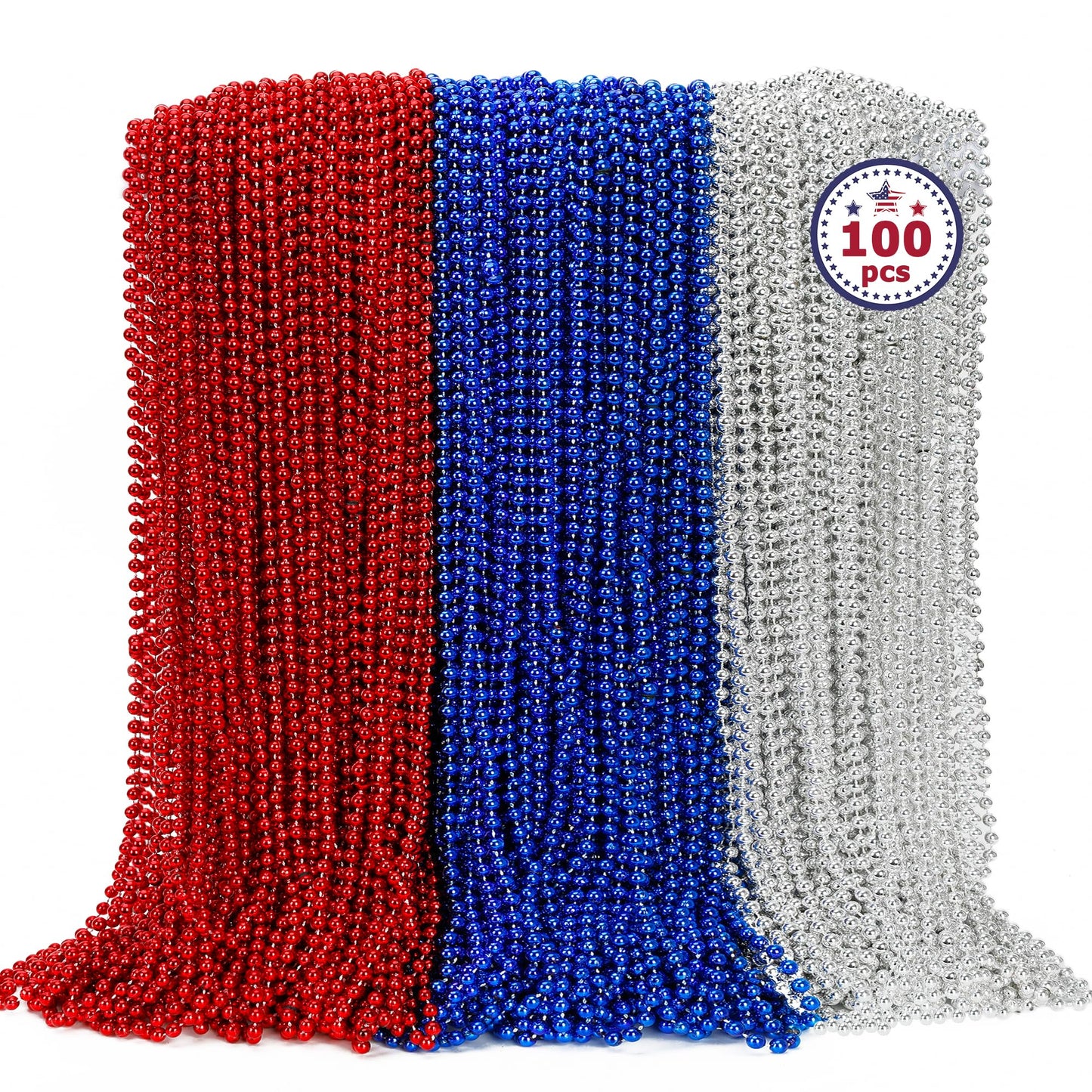 100PCS 4th of July Accessories: Independence Day Beads Necklace Bulk, Fourth of July Red Blue Silver Necklace Party Favors for Patriotic Parade Party Celebration Favors Decorations