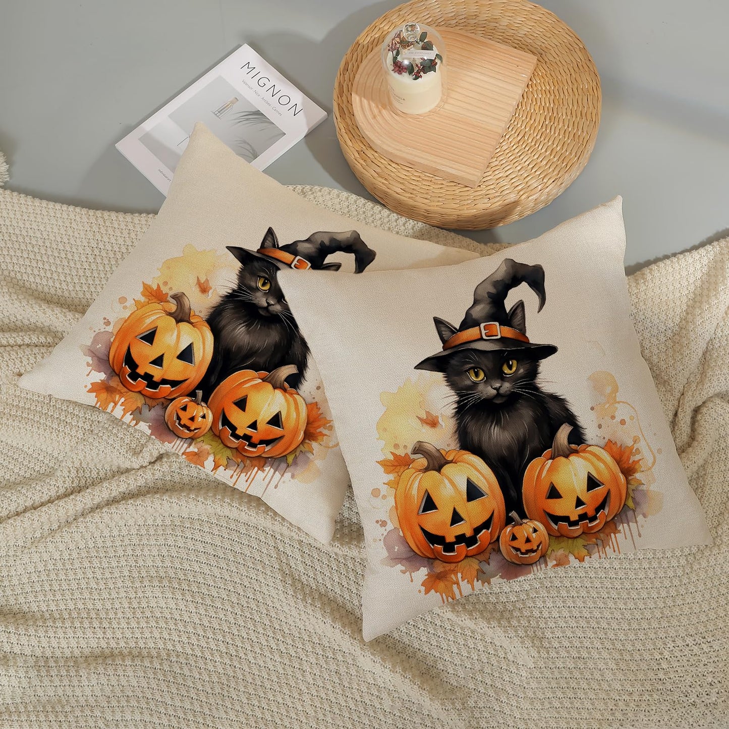 Halloween Pillow Covers 22x22 Set of 2 Black Cat Pumpkin Pillowcase Halloween Decorations Outdoor Throw Pillow Covers Linen Farmhouse Fall Thanksgiving Decor Cushion Case for Couch Home Sofa