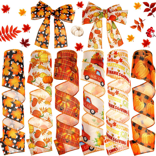 Yuxung 6 Rolls 30 Yards Fall Burlap Wired Wrapping Ribbon Buffalo Plaid Pumpkin Truck Turkey Maple Harvest Fall Ribbon Thanksgiving Wreath Decoration for Autumn Craft Bow Gifts Making