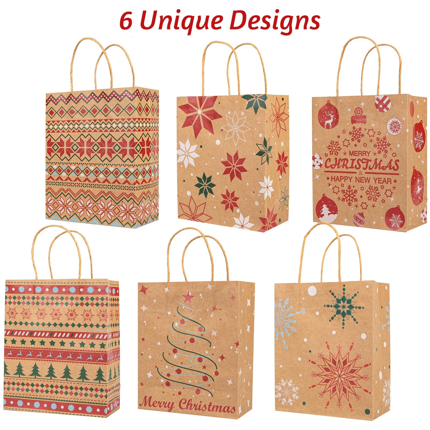 24 Christmas Kraft Gift Bags 7x 8.6 x 3 with 24 Tissue Papers for Xmas Exchange, Party Favors Paper Goodie Bags, Assorted Christmas Bags, Treat Bags