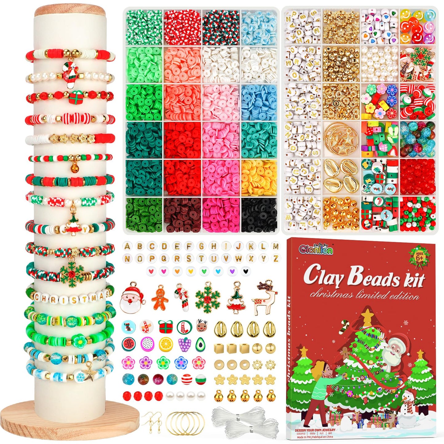 Gionlion Christmas Bracelet Making Kit, Clay Beads Friendship Bracelet Kit Christmas Crafts Gifts for Girls Ages 6-12, Gold Beads Charm Bracelet Maker Set Preppy Jewelry Making Kit Gifts for Teen