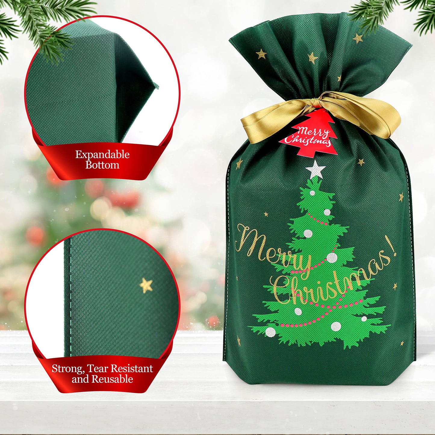 Fabric Gift Bags for Christmas Presents - 6 Pcs Christmas Gift Bags with Drawstring, Large Reusable Drawstring Bags for Gifts (Green Tree)