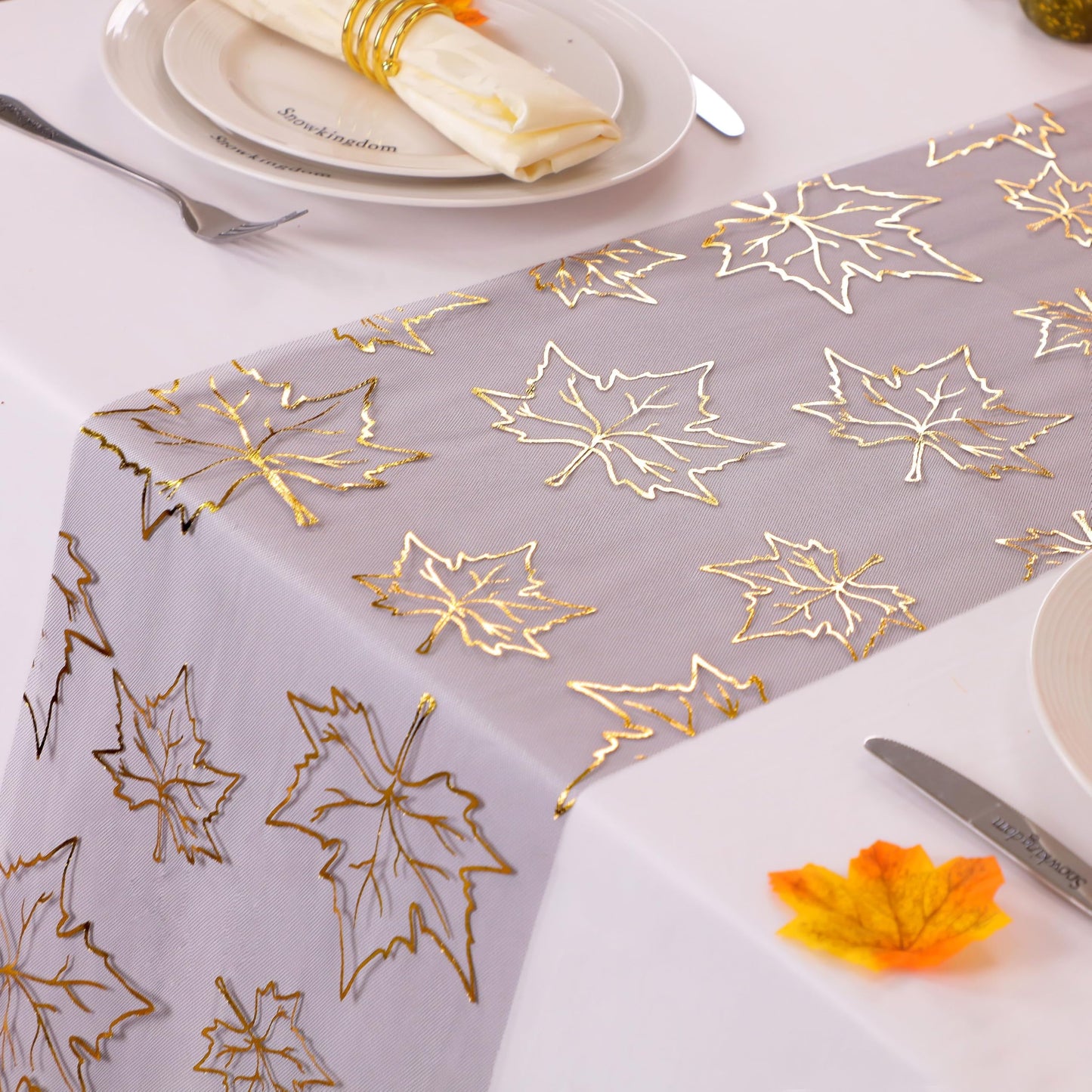 Fall Table Runners, Gold Maple Leaves Thanksgiving Table Decorations for Autumn Harvest Sequin Glitter Lightweight Black Thin Mesh Sparkle Farmhouse Dining Party Decor 120 Inch