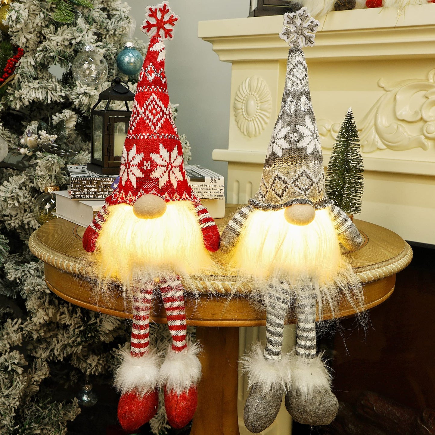 2 Pack Lighted Christmas Gnomes with Dangling Legs, 19.5Inch Handmade Scandinavian Swedish Tomte, Battery Operated Winter Tabletop Christmas Decorations Collectible Figurines