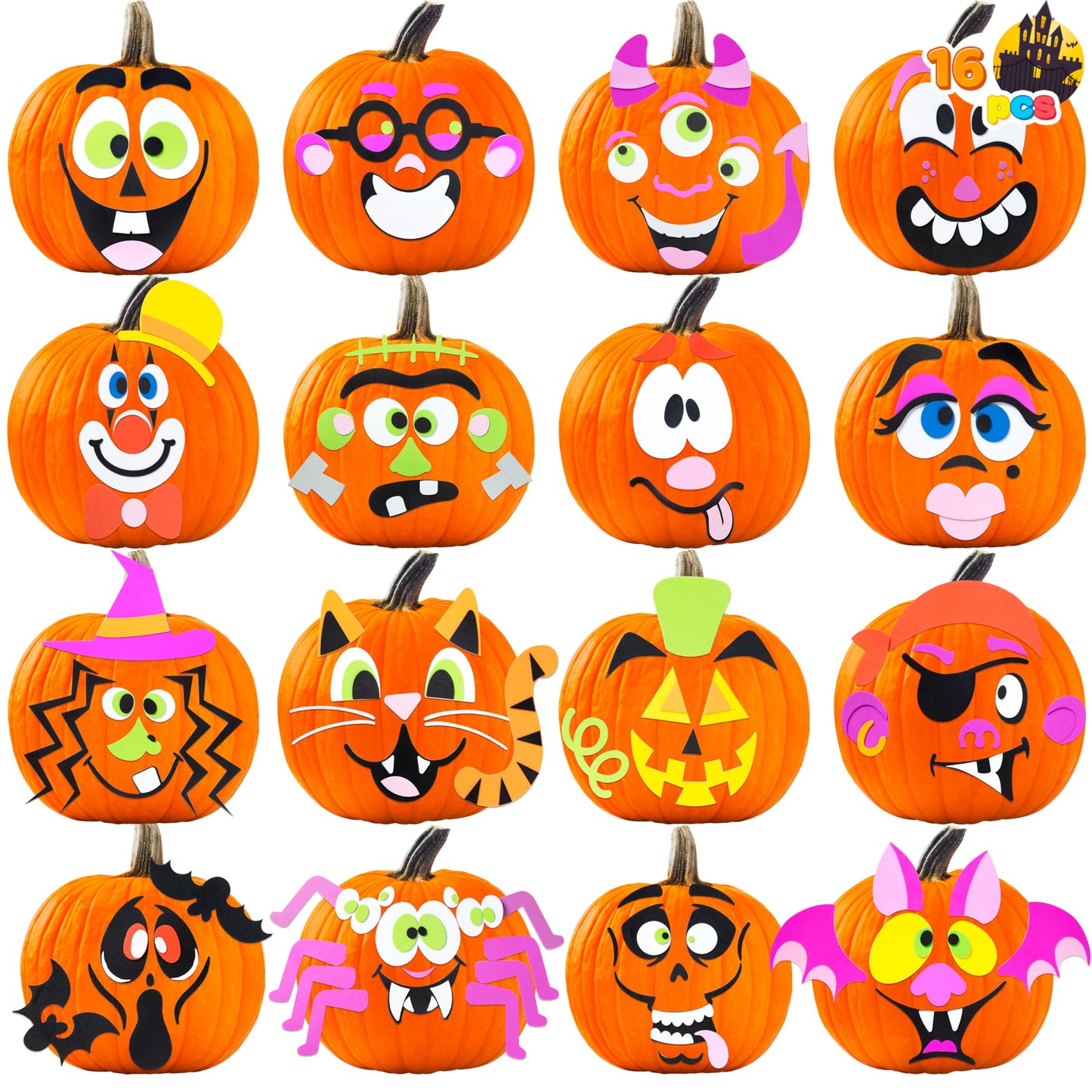 JOYIN 16 Packs Halloween Pumpkin Decorating Stickers, Foam Craft Kit, Halloween Party Favors for Kids, Party Supplies Arts Activities, Funny Jack O Lantern Stickers School Games Gifts