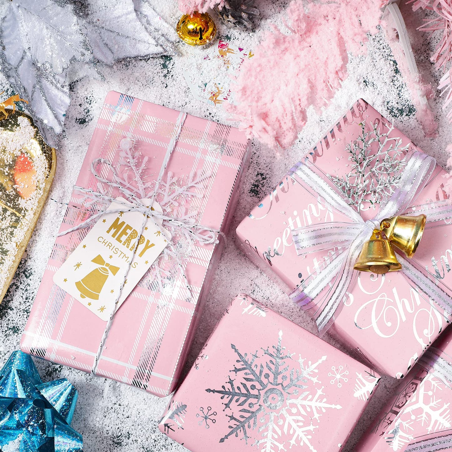 Christmas Wrapping Paper Roll - Mini Roll - 3 Rolls - 17 Inch X 120 Inch Per Roll - Pink with Silver Metallic Foil Snowflake, Plaid, Merry Christmas Lettering