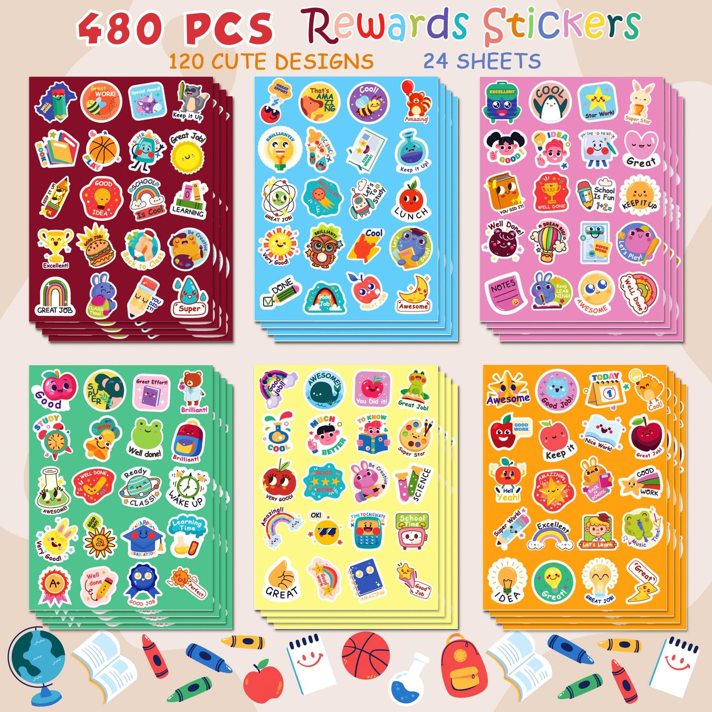 OHOME Back to School Supplies | 480 PCS Vinyl Teacher Reward Motivational Stickers for Kids - Teacher Must Haves Supplies Stuff Essentials Games Toys Gifts for First Day of School Classroom Students
