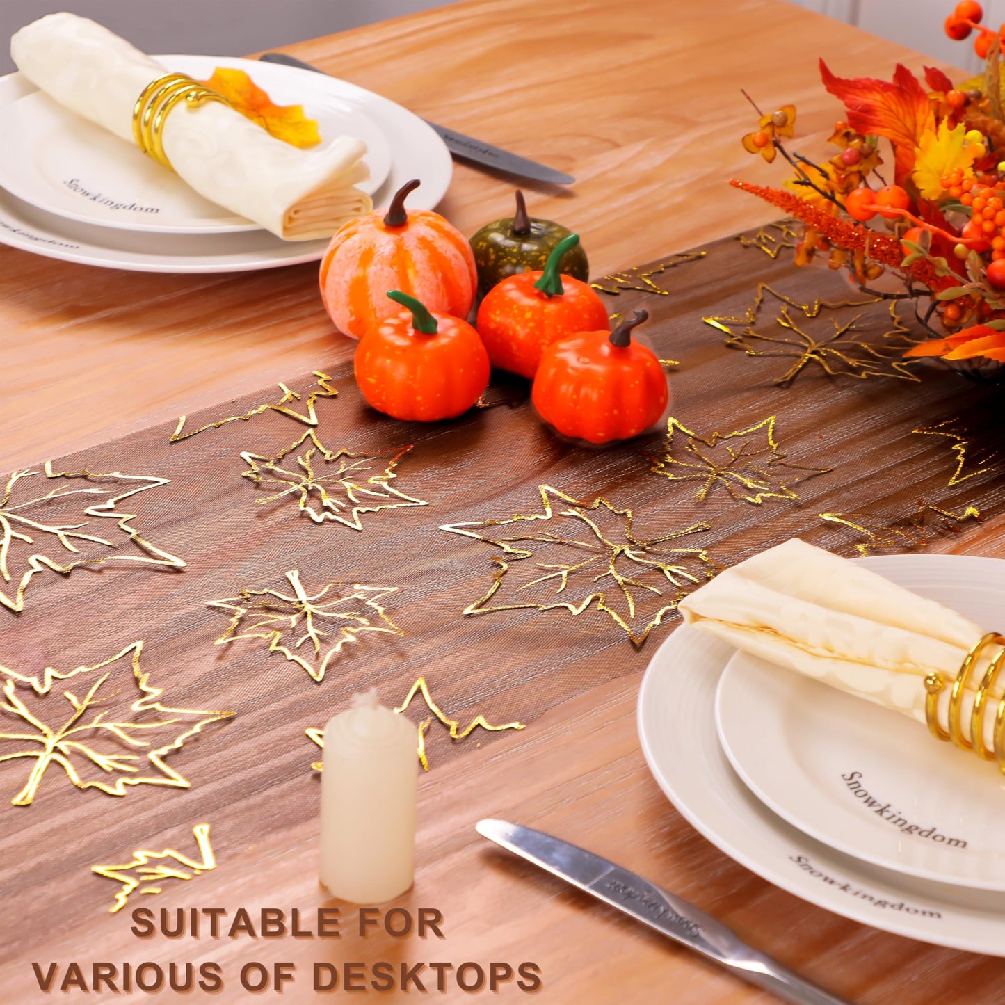 Fall Table Runners, Gold Maple Leaves Thanksgiving Table Decorations for Autumn Harvest Sequin Glitter Lightweight Black Thin Mesh Sparkle Farmhouse Dining Party Decor 120 Inch