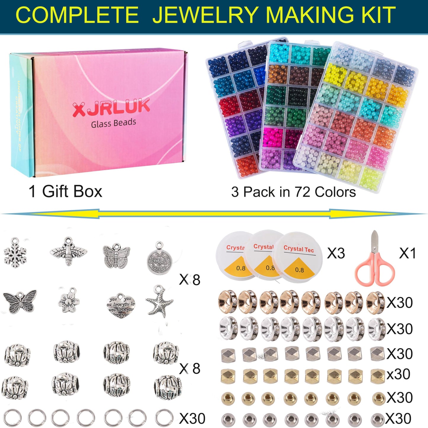 Glass Beads Bracelet Making Kit, 3000 pcs 72 Colors 6 mm Crystal Beads for Jewelry Making, Glass Beads Kits for Beginners DIY Earrings Necklaces Rings Crafts Birthday Gifts