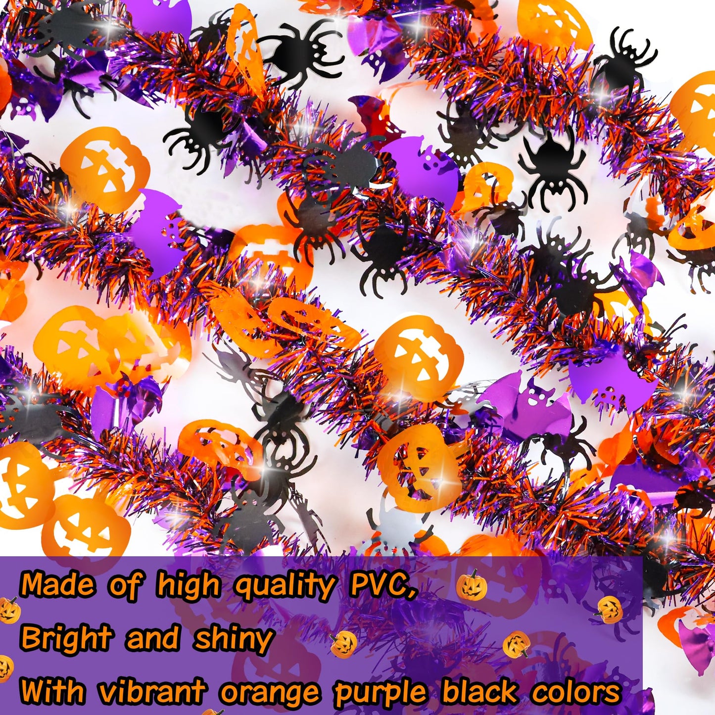 Halloween Decorations,50 FT Halloween Tinsel Garland with Orange Pumpkin Black Spider Purple Bat, Shiny Metallic Twist Garland for Home Tree Indoor Outdoor Party Decorations
