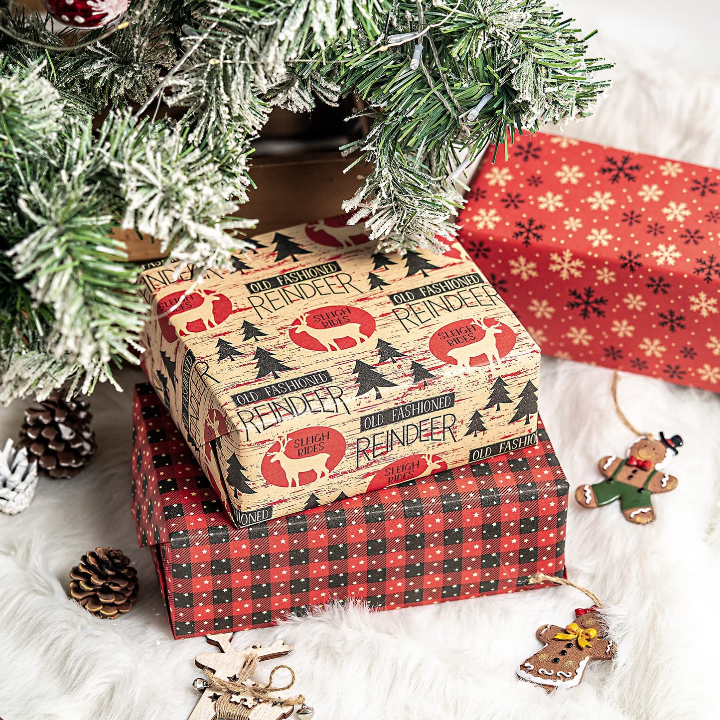 Christmas Wrapping Paper, Kraft Paper - Red and Black Christmas Designs - 4 Rolls - 30 inches x 10 feet per Roll