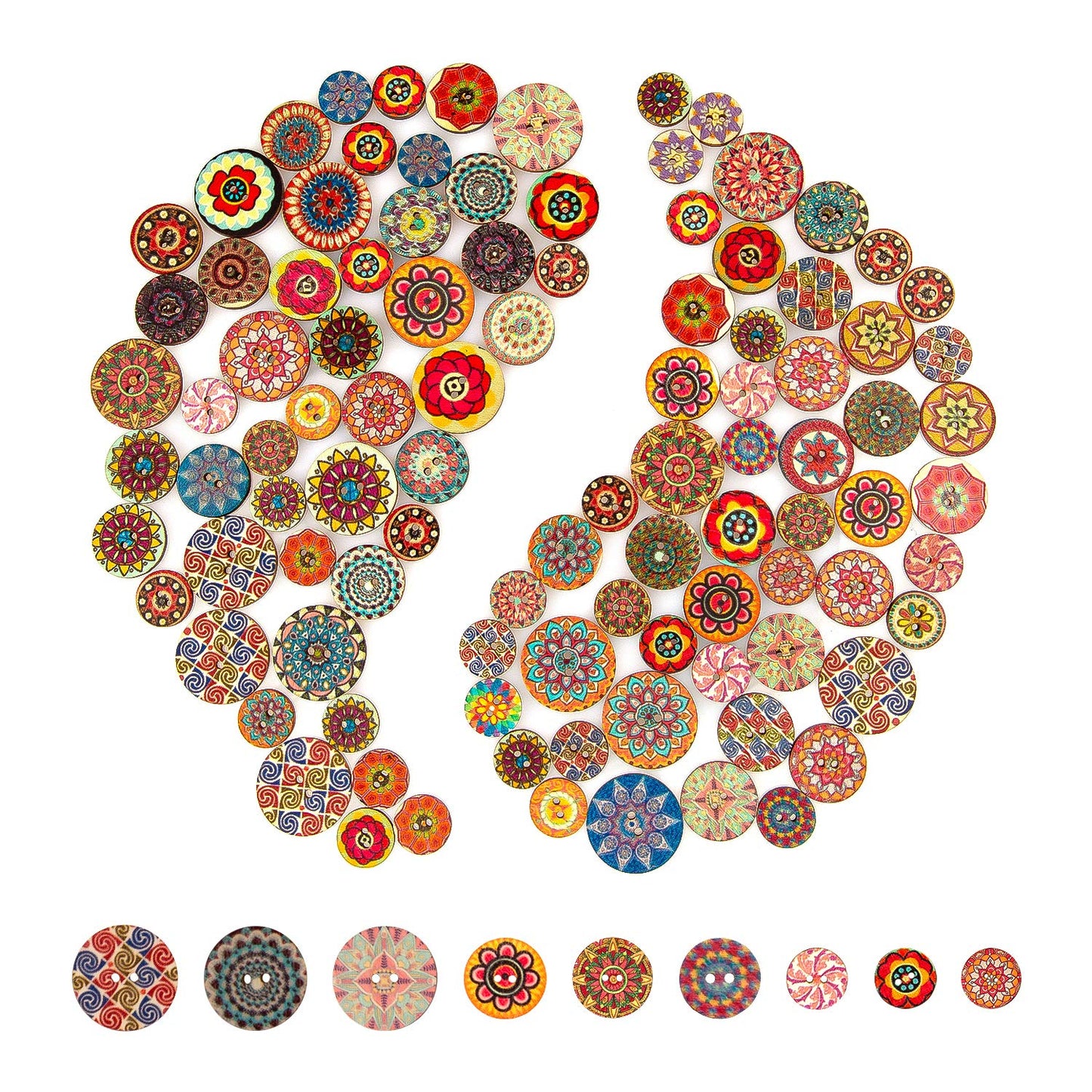AIEX 100pcs Mixed Random Flower Painting Buttons Round Shapes Retro Wooden Buttons Assorted Colours for DIY Making 15 mm, 20 mm, 25 mm