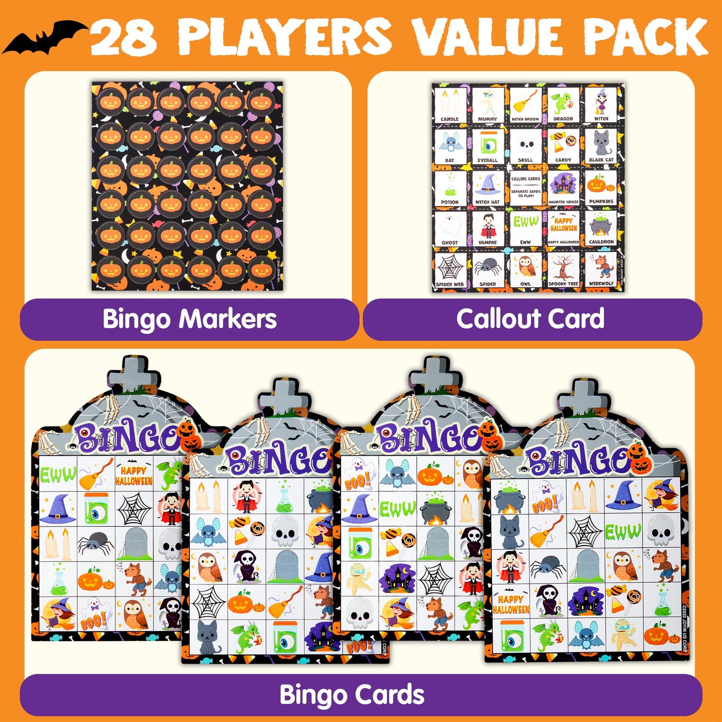 28 Players Halloween Bingo Game Cards for Kids, Halloween Bingo Cards for Classroom School Family Group Activities, Halloween Party Adults Kids Indoor Card Games