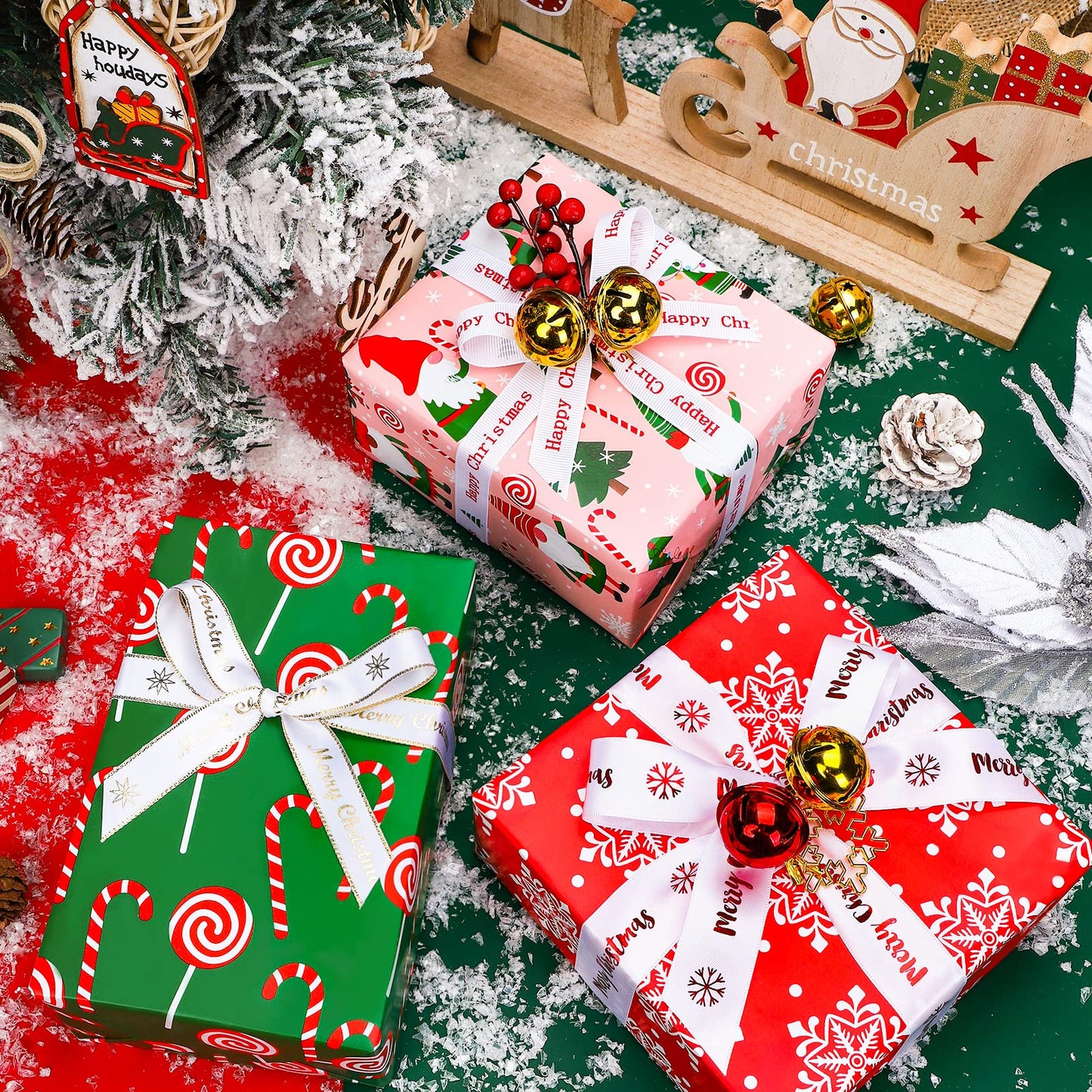 30 Inch Christmas Wrapping Paper Roll - Jumbo Roll Red, Green and Pink Christmas Gnome Elf Holiday Collection - 4 Rolls - 30 Inch x 120 Inch Per Roll