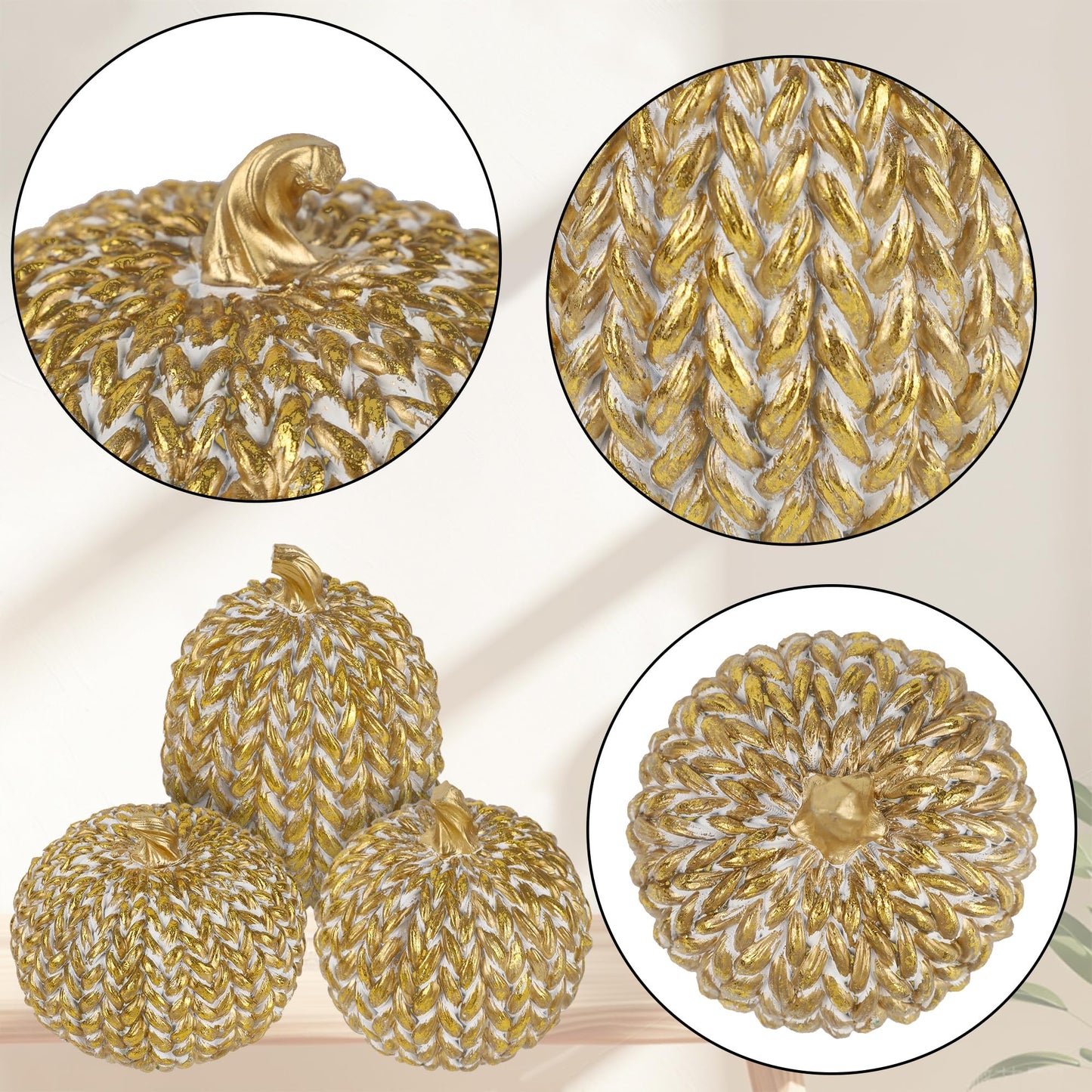 Fall Decorations for Home Set of 3, Gold & White Resin Pumpkin Decor with Woven Design - Thanksgiving Table Centerpiece, Mantel, Indoor & Outdoor Farmhouse Autumn Décor
