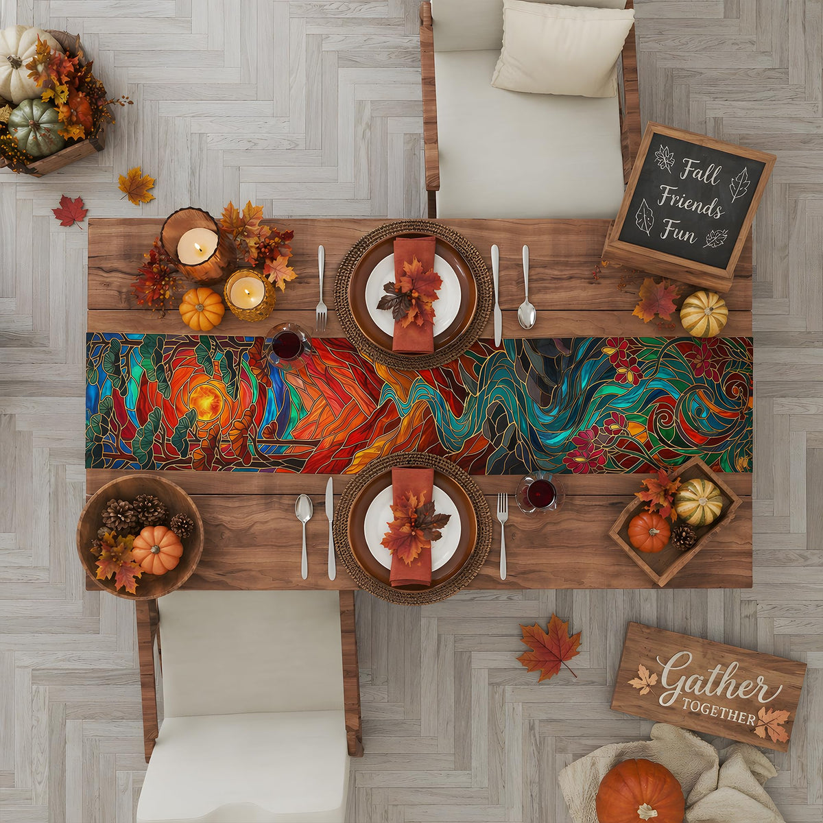 OHOME Fall Decor - Stained Glass Table Runner | Fall Decorations for Home - Thanksgiving Friendsgiving Autumn Centerpieces Backdrop Tablecloth for Tables Room Office Kitchen