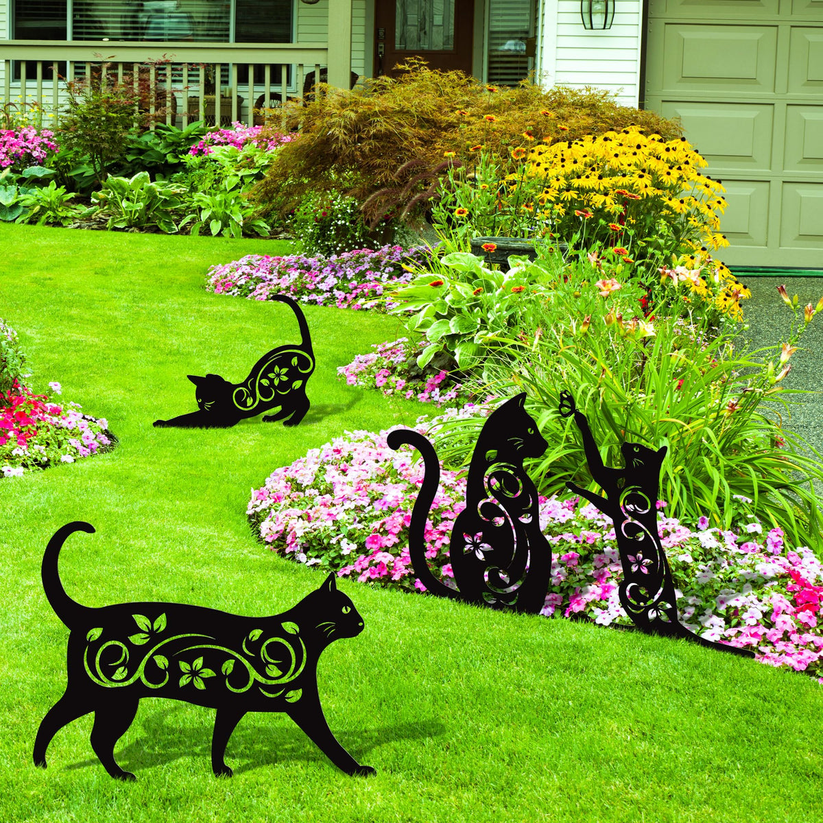 Elcoho 4 Pack Black Cat Silhouette Cute Metal Cat Garden Statues Bird Repellent Decorative Garden Stakes for Yard, Garden, Lawn Outdoor Decorations
