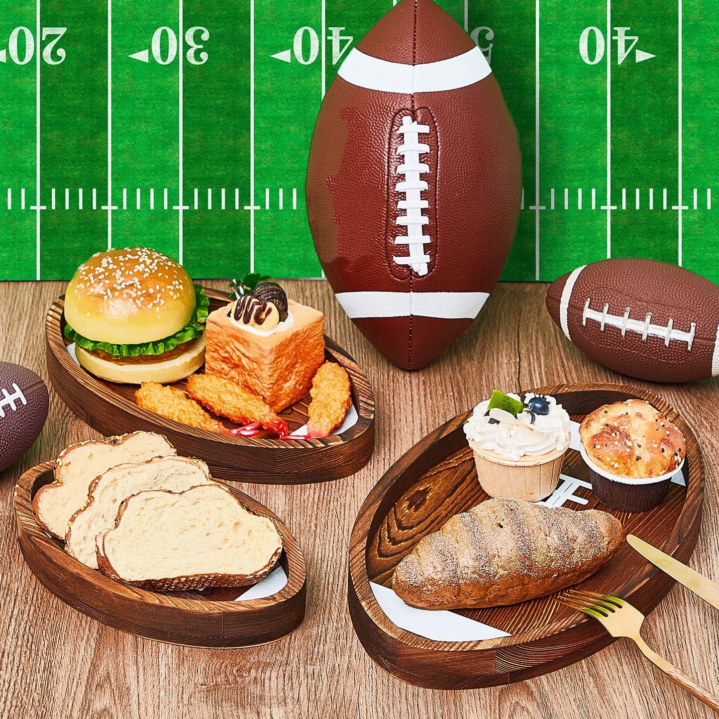 3 Pcs Football Serving Trays and Platters Wooden Shaped Football Plates Soccer Serveware Tailgate Party Serving Platter for Game Party Decorations, 13'', 11'', 8.7''