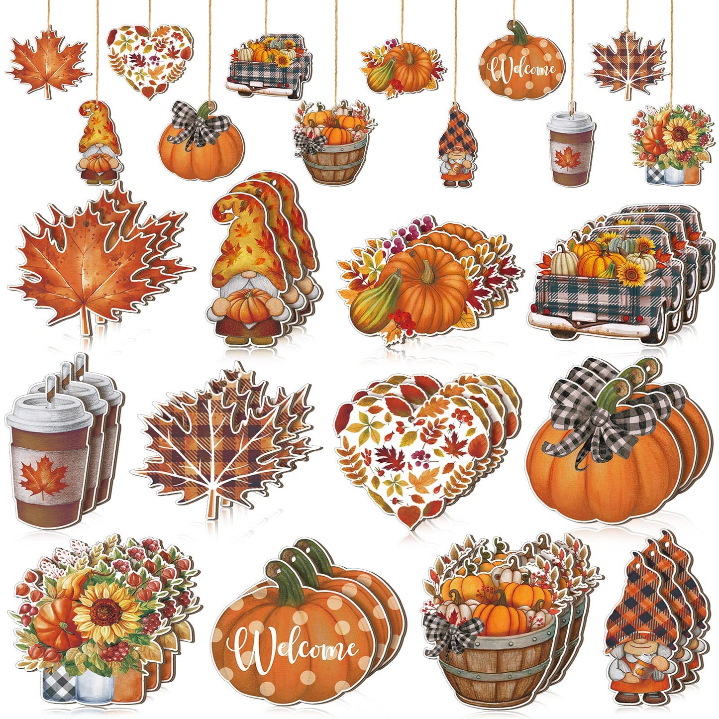 FairySandy 36 Pcs Fall Tree Decorations Thanksgiving Gnomes Ornaments for Tree Wooden Hanging Ornaments Pumpkins Leaves Flowers Cutouts Autumn Decorations for Holiday Party Supply(Cute Style)