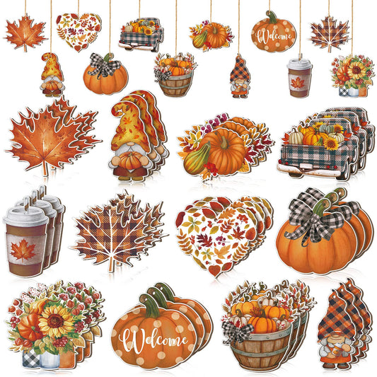 FairySandy 36 Pcs Fall Tree Decorations Thanksgiving Gnomes Ornaments for Tree Wooden Hanging Ornaments Pumpkins Leaves Flowers Cutouts Autumn Decorations for Holiday Party Supply(Cute Style)