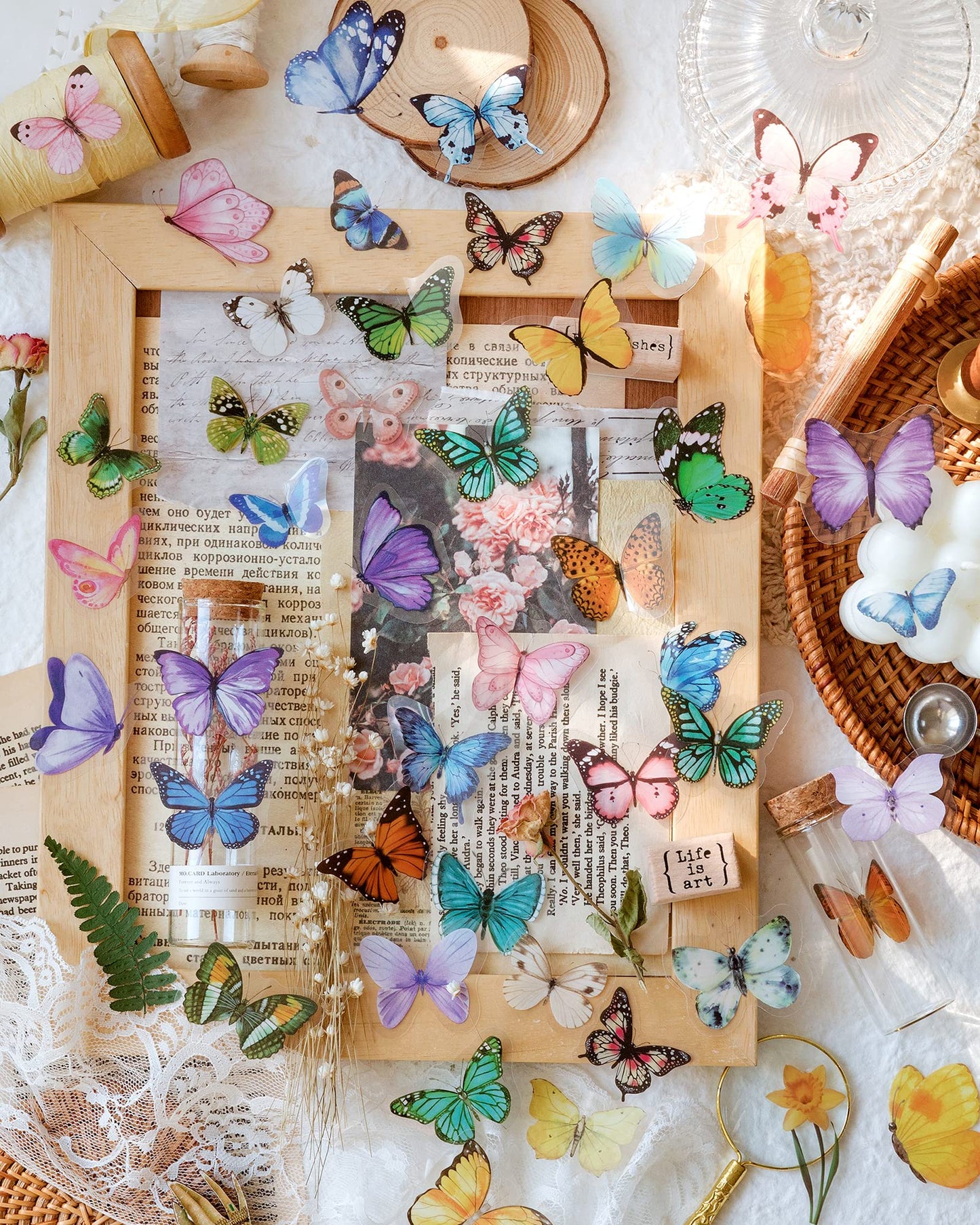 Knaid Butterfly Stickers Set (320 Pieces) Transparent Colorful Butterflies Resin Stickers Decals for Nature Scrapbook Supplies Junk Journal Bullet Journals Planners Laptops Paper Crafts