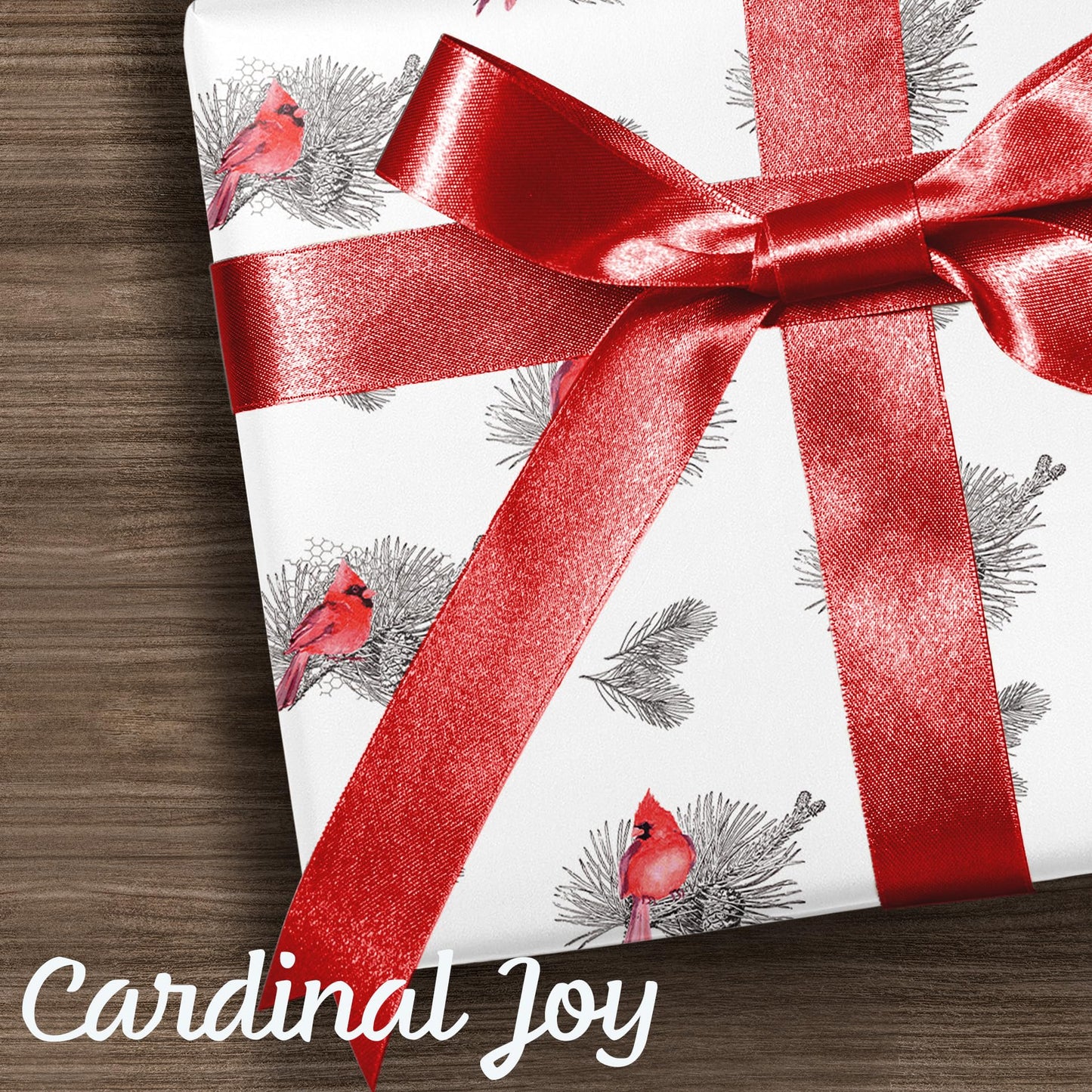 Cardinal Christmas Wrapping Paper Roll, Elegant Red Bird Holiday Gift Wrap with Pine Branches, Nature Xmas Paper for Winter Party, Presents, Family, Friends – 17 inch x 33 feet