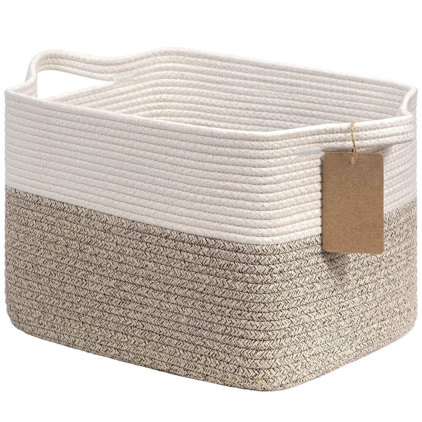 Goodpick Woven Storage Basket for Shelves, Cotton Rope Dog Toy Bin, Empty Gift Basket with Handles, Square Baskets for Storage, Brown and White Storage Bin, 13 x 10 x 9 Inches
