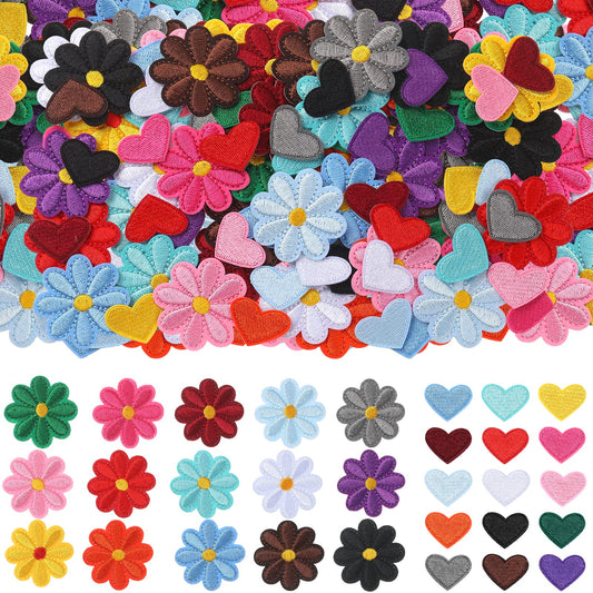 Xinnun 120 Pcs Flower, Heart Patches Mini Embroidery Applique Patches Colorful Sew Iron on Patches for Clothing Repair Decorations DIY Craft (Flower, Heart)