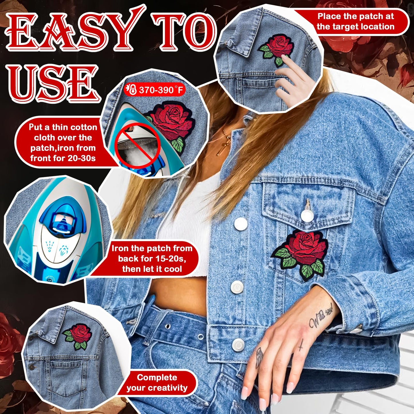 20pcs Rose Iron on Patches Flower Embroidery Patches Applique Valentines Patches for Clothes Hats Jeans Jacket
