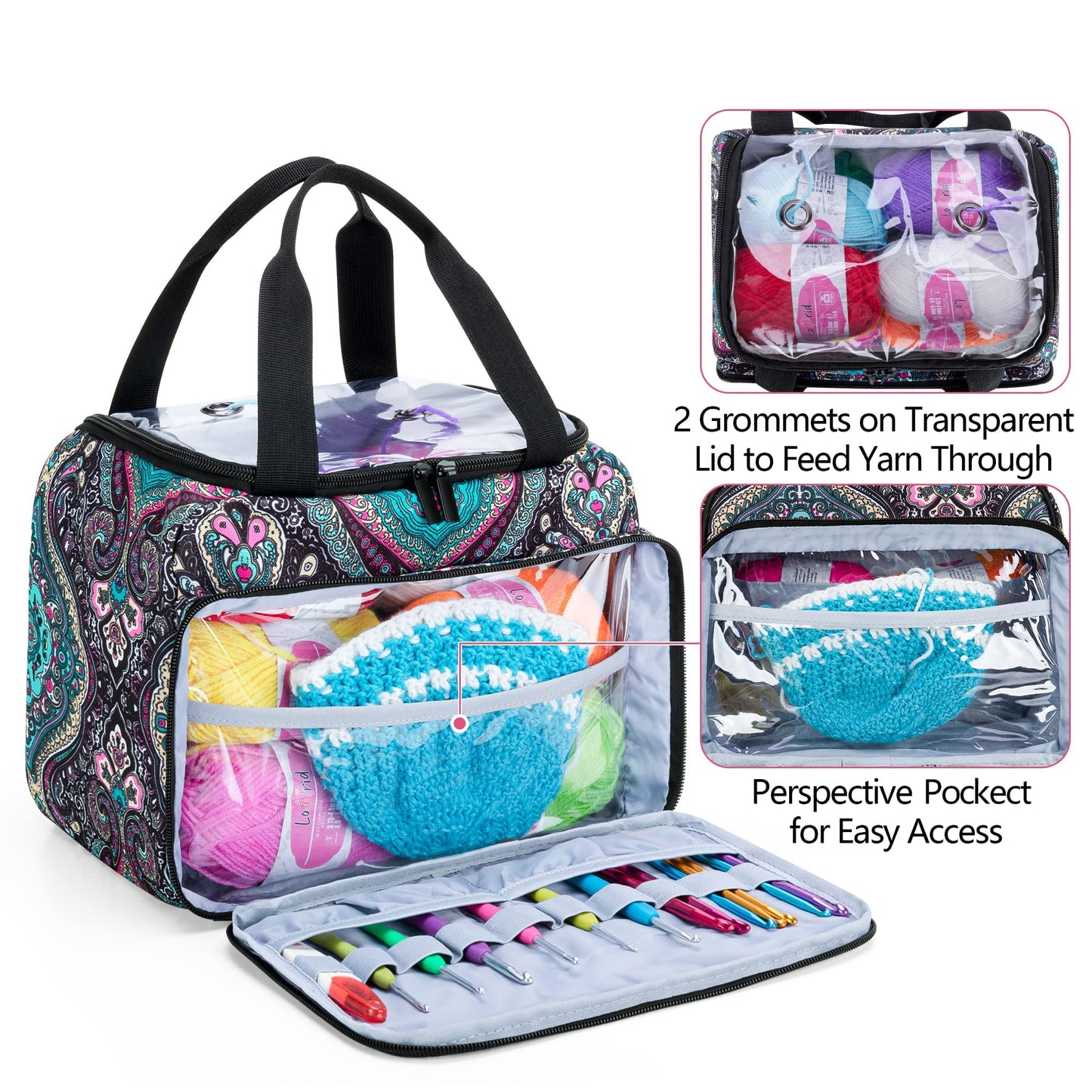 LoDrid Small Yarn Storage Bag with 2 Grommets, Portable Knitting Tote for Knitting Kit & Crochet Accessories, Yarn Project Organizer for Knitting Supplies Set for Adults, Totem (Bag Only)