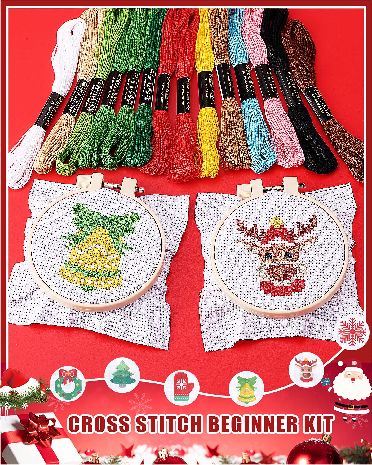 Pllieay Christmas Cross Stitch Beginner Kits for Kids 7-13, Includes 6pcs Project Cross Stitch Pattern and 2pcs Hoops, 14 Skeins Embroidery Floss, Needle Point Starter Kit Sewing Set with Instructions