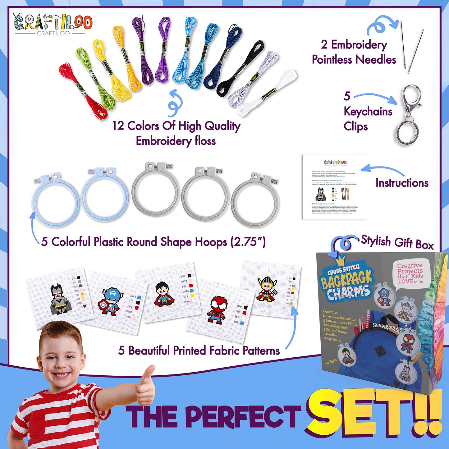 5 Stamped Superhero Cross Stitch Beginner Projects for Kids Needlepoint Starter kit Sewing Set for Backpack Charms…