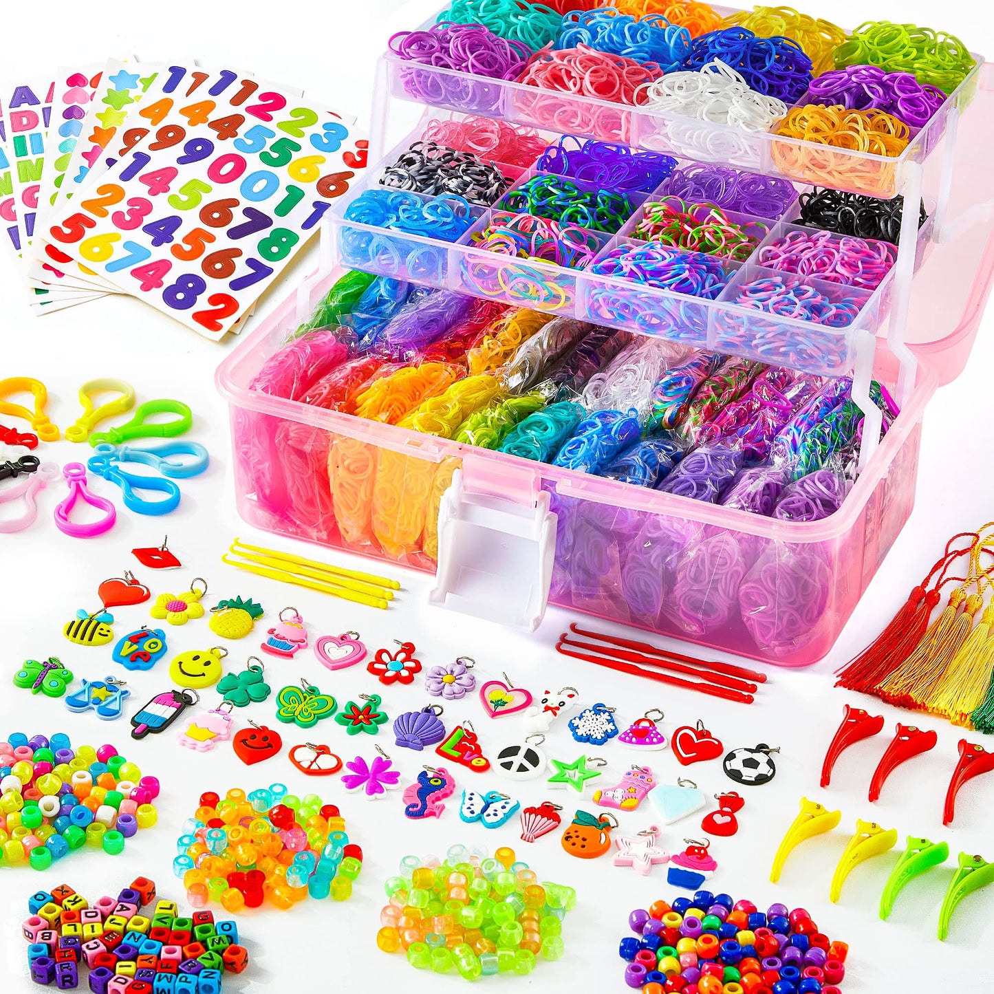 INSCRAFT 17500+ Rubber Loom Bands with 3 Layer Pink Container, 28 Colors, 600 S-Clips, 352 Beads, 40 Cartoon Pendant, Bracelet Making Refill Kit for Kids