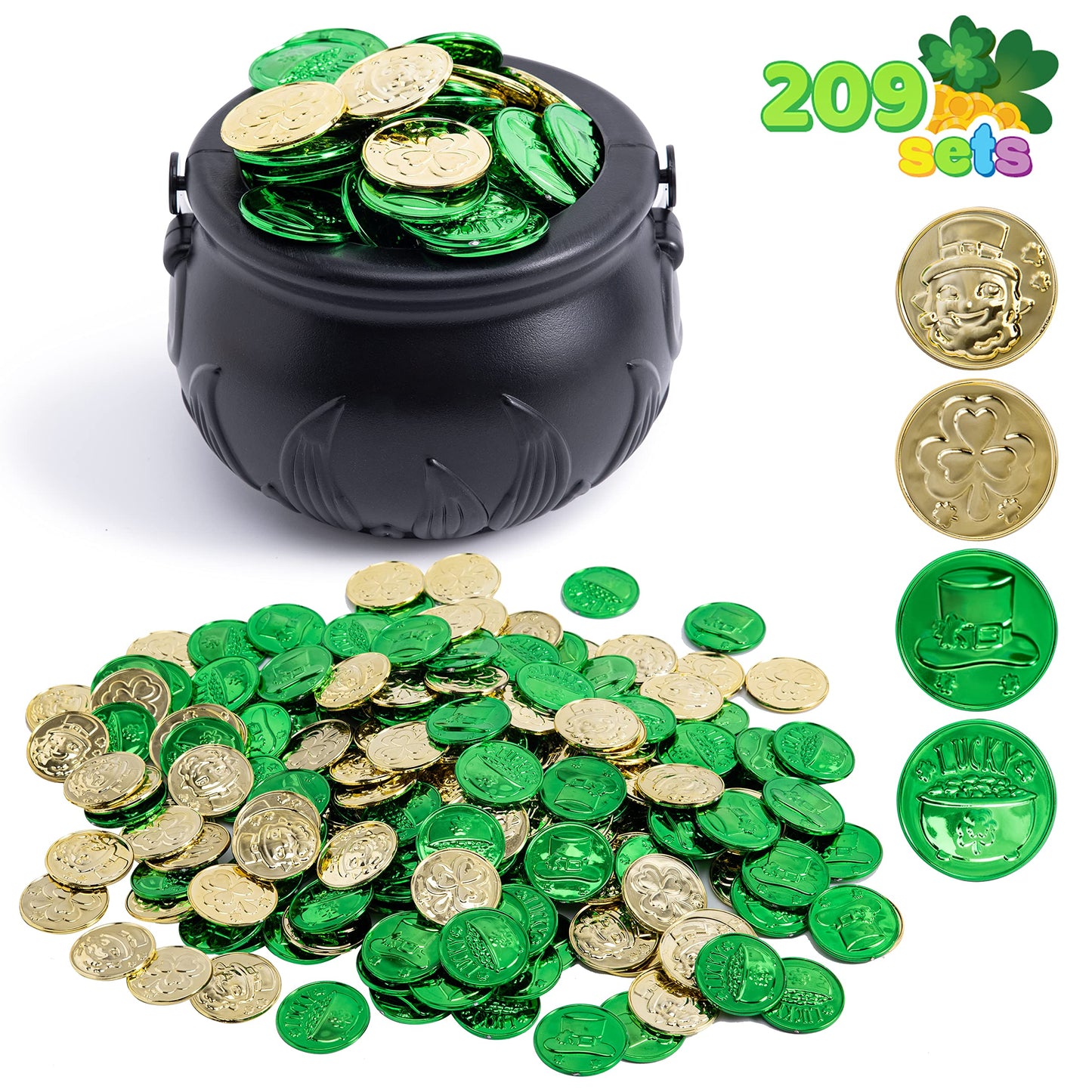 208 St Patrick’s Day Lucky Leprechaun Plastic Coins and 1 Large Black Cauldron with Handle Pot of Gold Party Supplies, St Patrick Decorations Party Favors