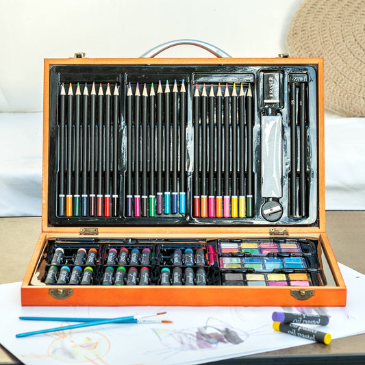 MAHITOI US 80+Piece Deluxe Artist Studio Creativity Set Wood Box Case - Art Painting, Sketching Drawing Set, 24 Watercolor Paint Colors, 24 Oil Pastels, 24 Colored Pencils, 2 Brushes, Starter Kit