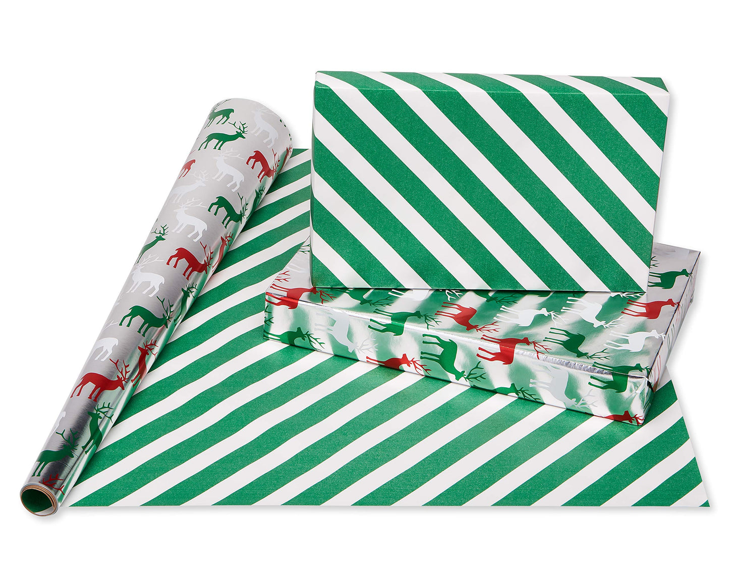 Reversible Christmas Wrapping Paper Rolls, Silver and Red Holiday Gift Wrap (120 sq. ft., 4 Rolls-30 in. x 12 ft.) Little Red Truck Hauling a Christmas Tree, Reindeer, Plaid