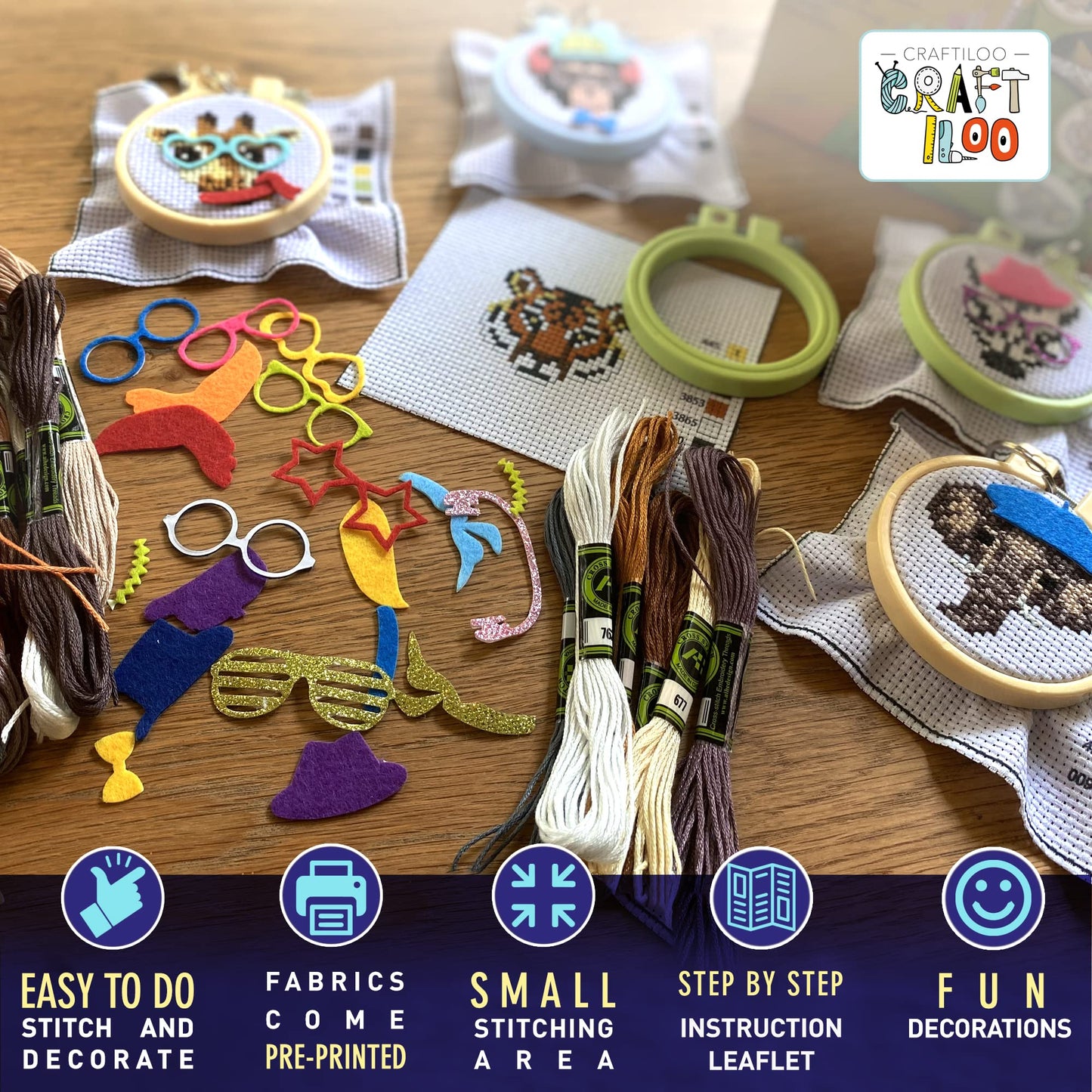 Safari Animals Cross Stitch Kits for Beginners. 5 Stamped Cross Stitch Kits for Kids.Needlepoint Kits for Beginners. Embroidery Kit for Kids. Crossstitch Kit for Beginners. Girls Cross Stitch kit