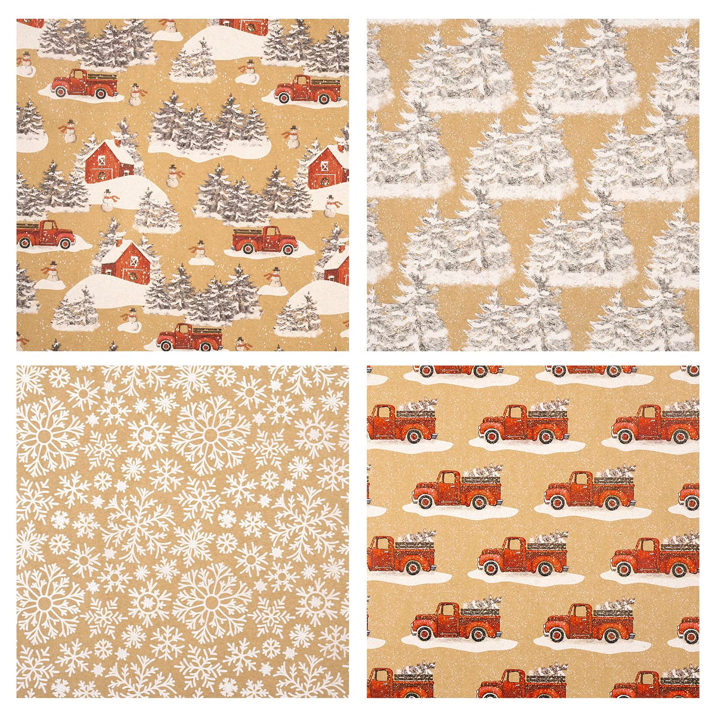 Christmas Wrapping Paper, Kraft Paper - Snowflake, Snowman, Red Truck and Christmas Tree - 4 Rolls - 30 inches x 10 feet per Roll