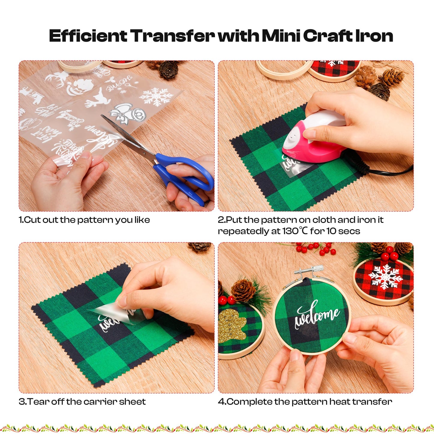 111 Pieces Christmas Ornament Making Kit Including 3 Inch Embroidery Hoops, 5 Inch Squares Plaid Fabric and Pink Mini Heat Press for DIY Christmas Decoration