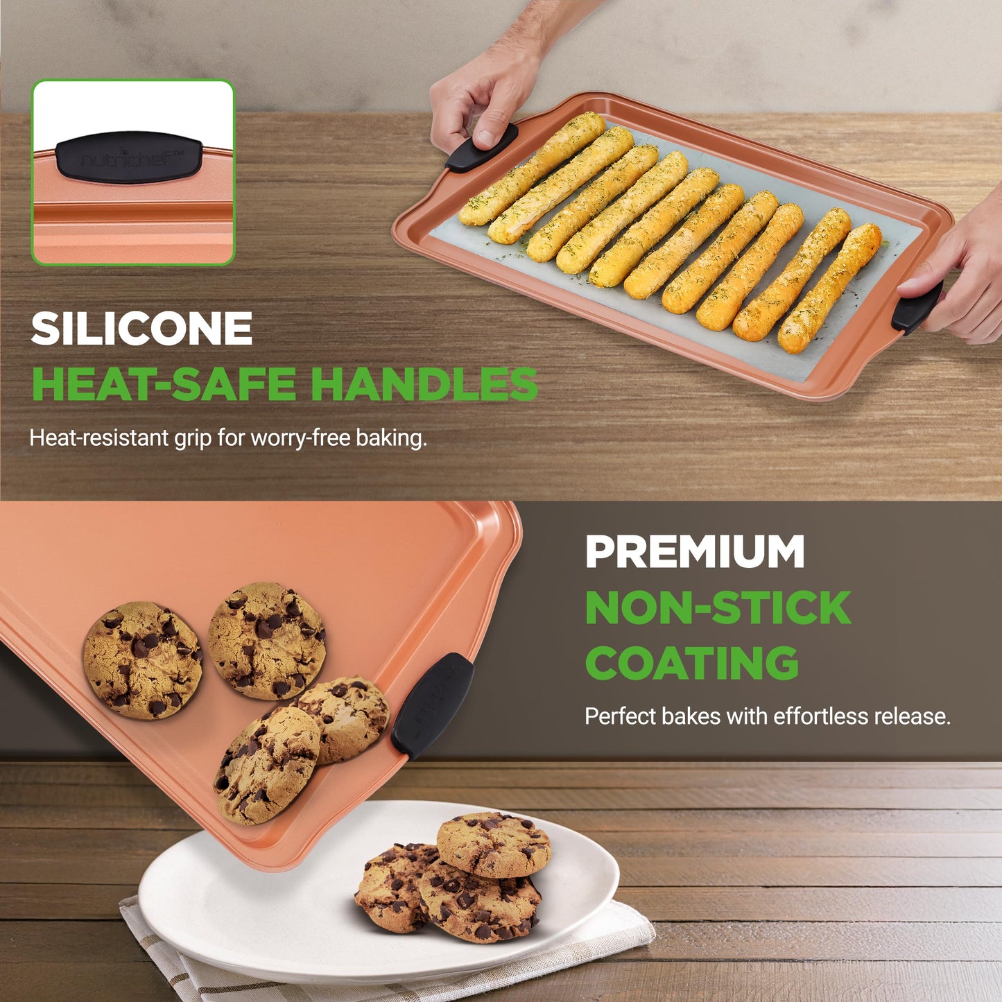 NutriChef 3 Piece Cookie Sheets for Baking - PFOA, PFOS, PTFE Free Nonstick Carbon Steel Bakeware Set - Home Kitchen Bake Pan Cookie Sheet Stackable Baking Sheet w/Black Silicone Handles NCSBS3S45