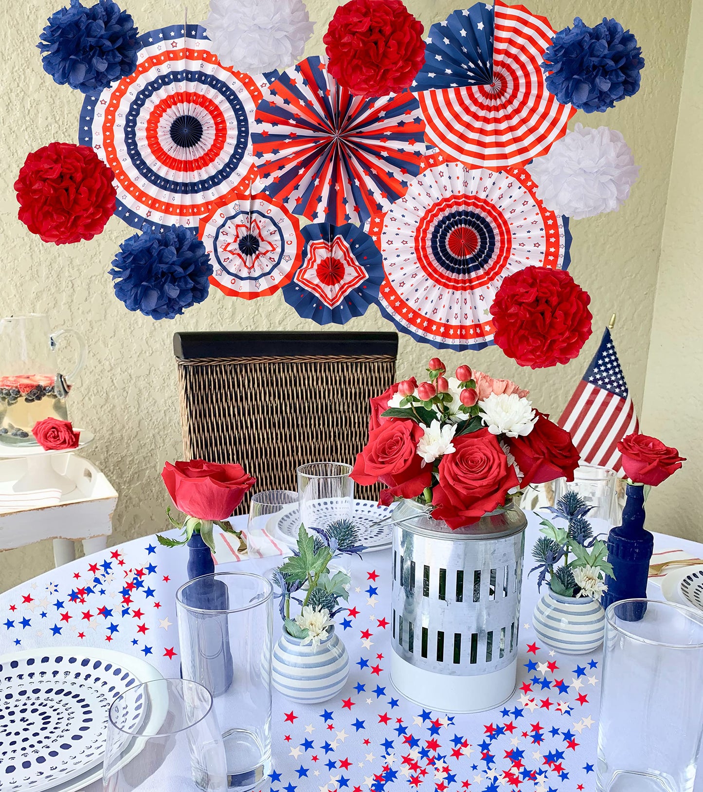 29PCS 4th/Fourth of July Patriotic Decorations Set - 250th Anniversary Red White Blue Paper Fans,USA Flag Pennant,Star Streamer,Pom Poms,Hanging Swirls Party Decor Supplies