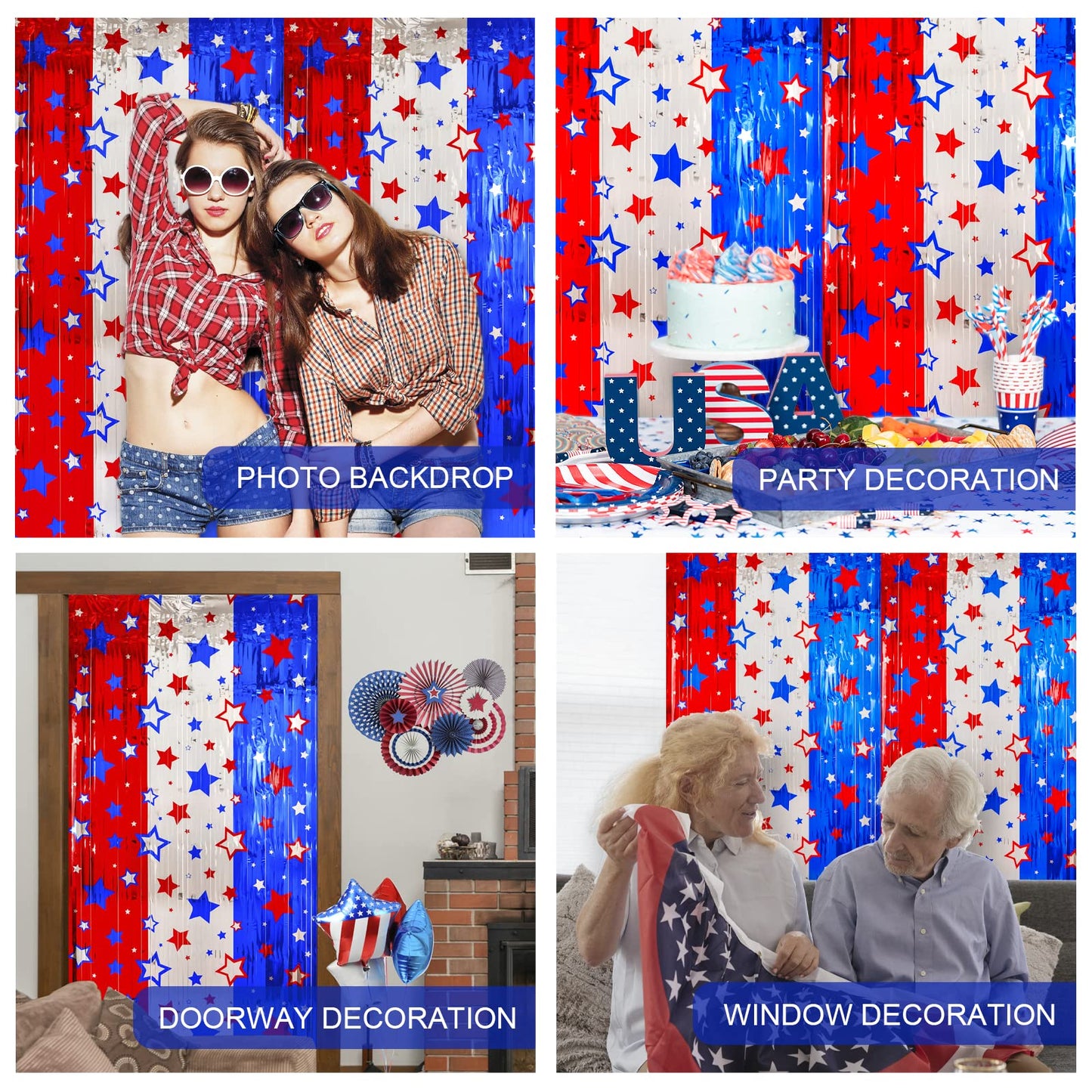 LOLStar 4th of July Decorations, Red White Blue 3 Pack America Star Tinsel Foil Fringe Curtains, Photo Booth Prop Streamer Backdrop for Independence Day, Memorial Day, Labor Day, Patriotic Party