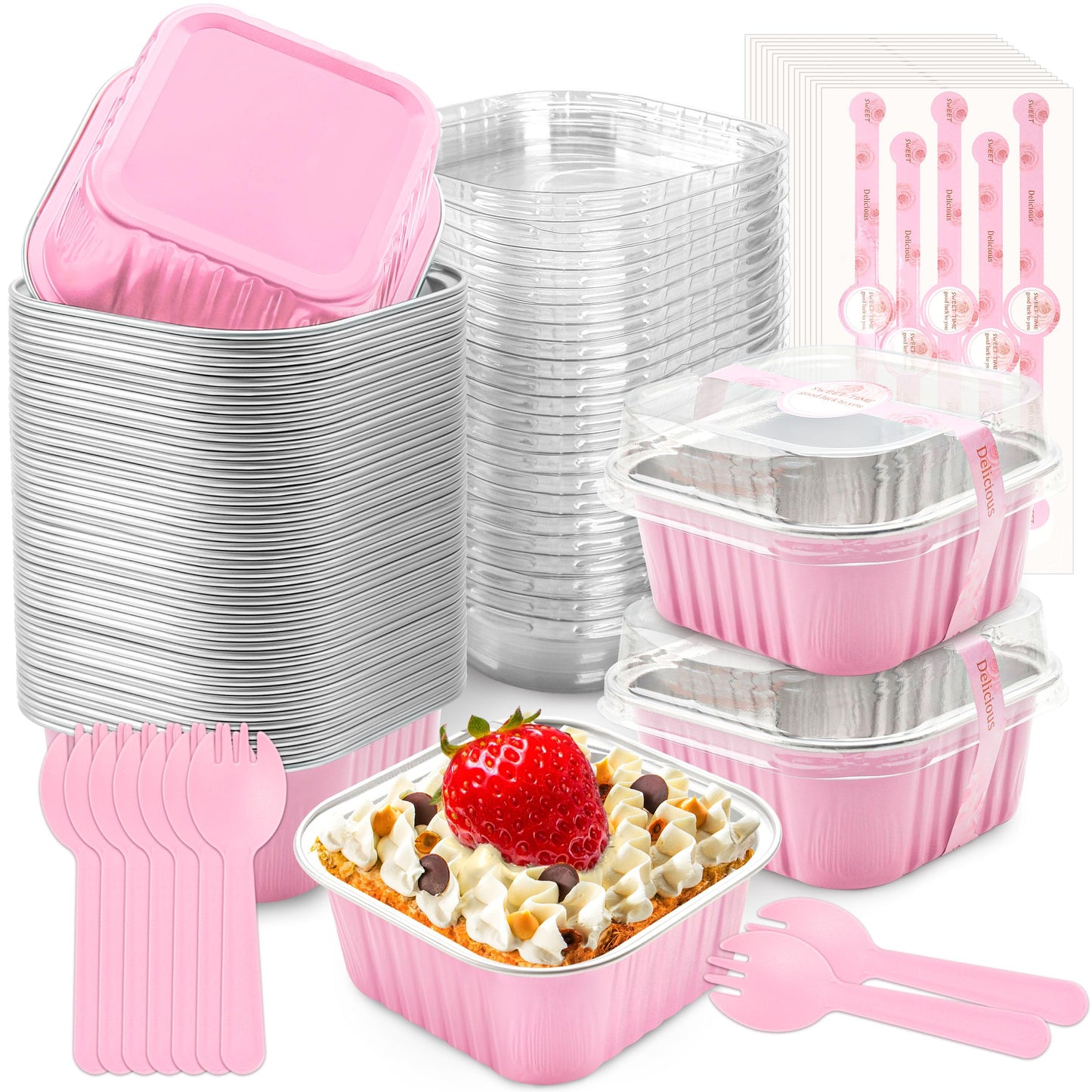 NPLUX 50 Pcs Mini Cake Pans with Lids and Spoons Aluminum Foil Mini Square Baking Cups with Lids Disposable Ramekins Cake Pans Dessert Cups for Wedding Mothers Day Gifts Party Favors(Pink,5oz)