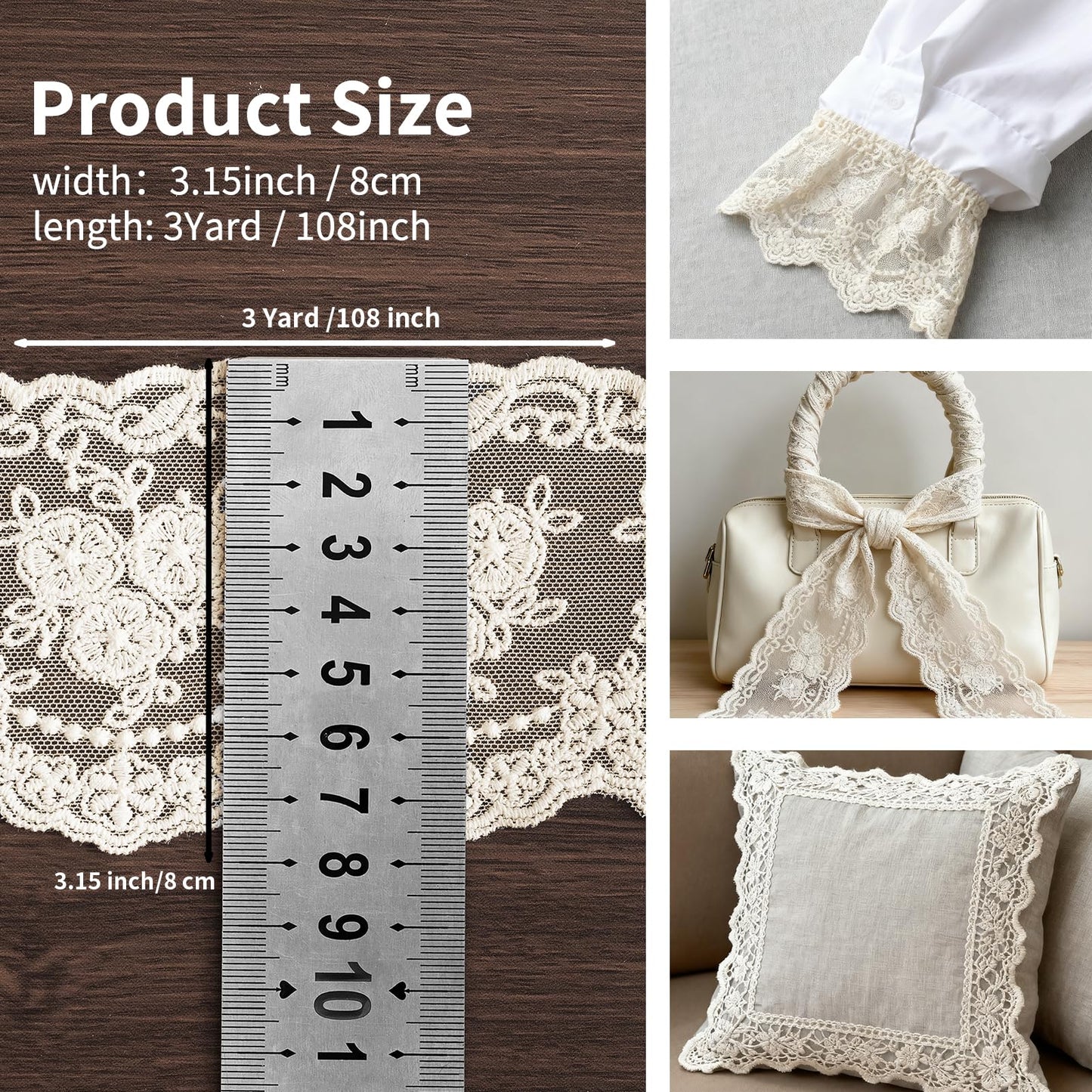 LYXMYGS Lace Trim Ribbon, 3-Yard White Lace Ribbon, 3.3 Inch Width White Laces Trims Delicate Floral Pattern Ribbons for Crafts Sewing and Bridal Wedding Dress Applique Decorations