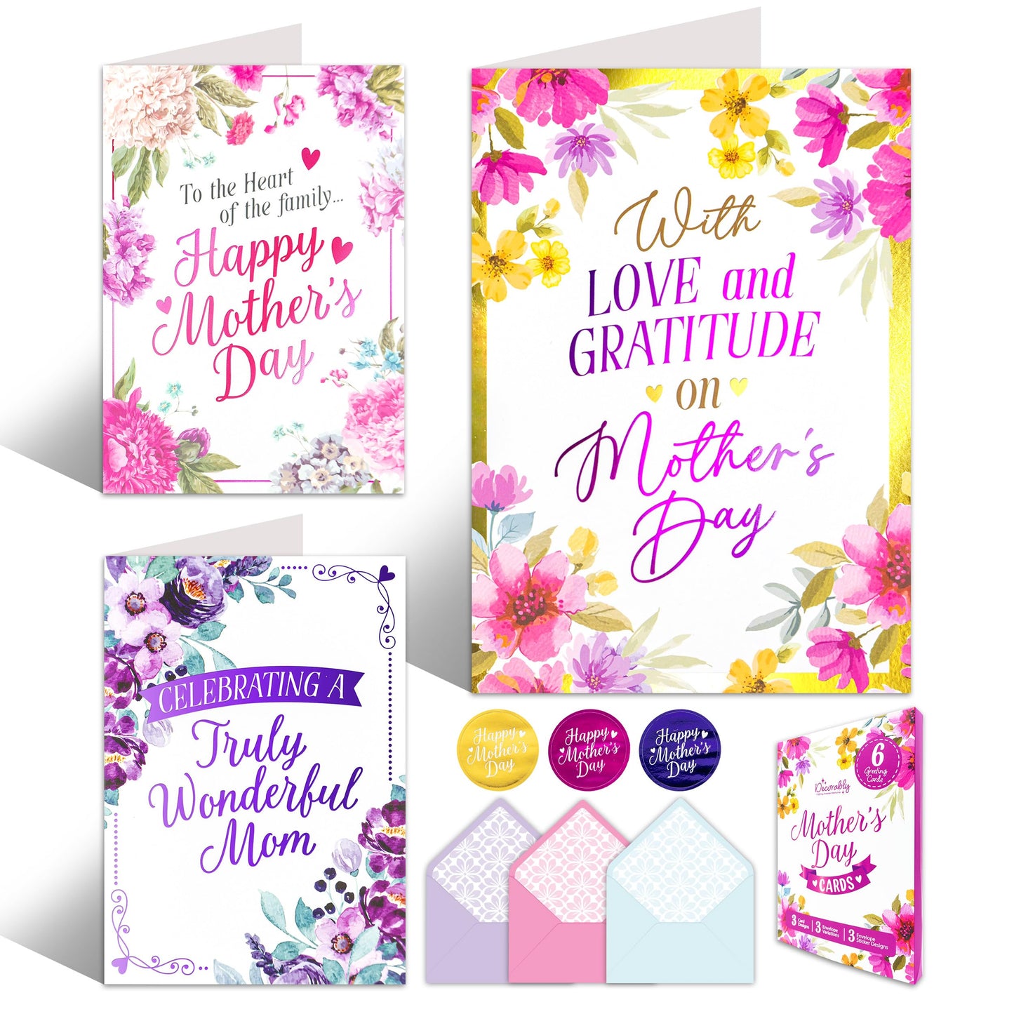 Decorably 6 Pack Foiled 5x7in Mothers Day Cards Pack with Envelopes and Stickers, 3 Floral Designs Mother's Day Cards Pack with Printed Message Inside