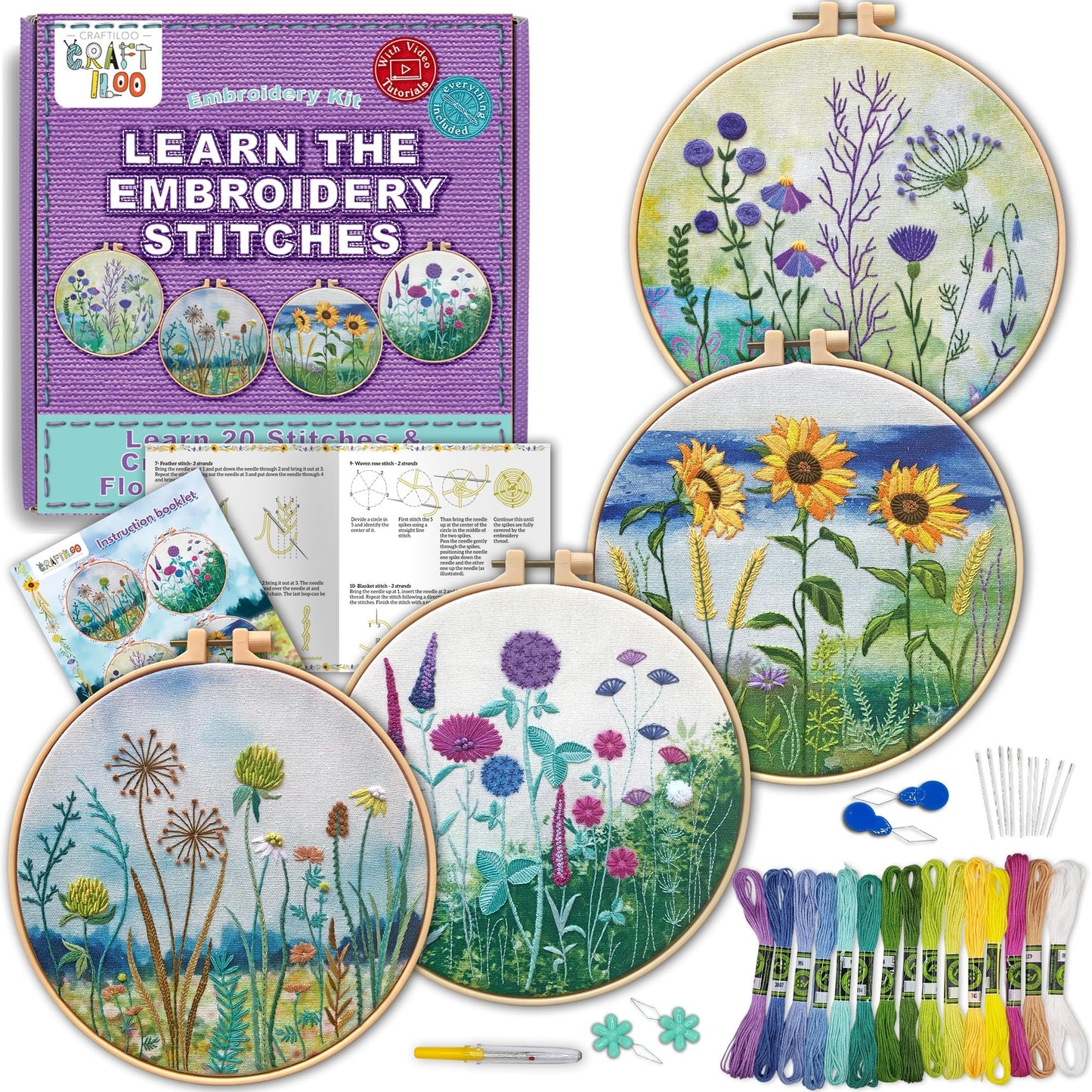 CRAFTILOO 4 Pack Embroidery Kit for Beginners Stamped Cross Stitch Kits for Beginners Needlepoint Kits for Adults Sunflower Cross Stitch Embroidery Kits Needlework Kit DIY Crafts for Woman