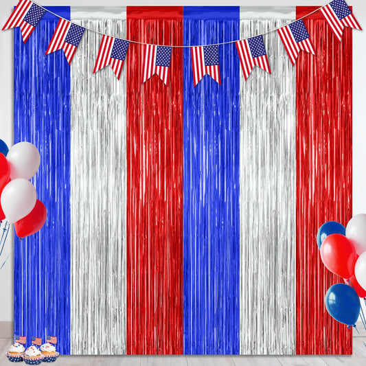 2 Pack 4th of July Party Supplies, 3.28 FT x 7.05 FT 4th of July Tinsel Backdrop, Blue Silver Red Color Fringe Curtains Streamer Backdrop, 4th of July Photo Backdrop Party Decorations