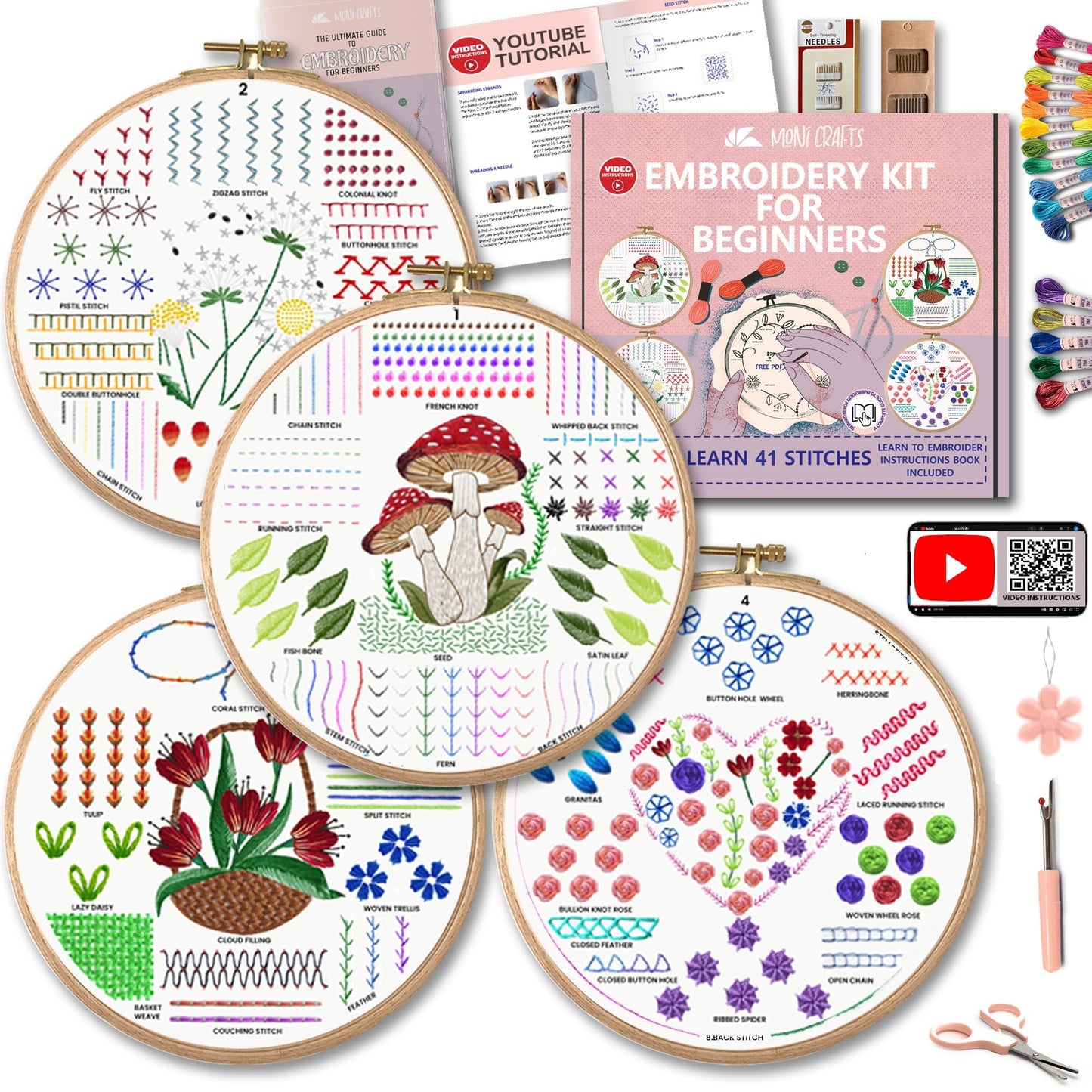 Moni Crafts Adult Beginner Embroidery Kit – 4 Pre-Printed Patterns (Flower, Mushroom, Floral, Heart) – Learn 41 Stitches, Hand Embroidery Starter Craft Set