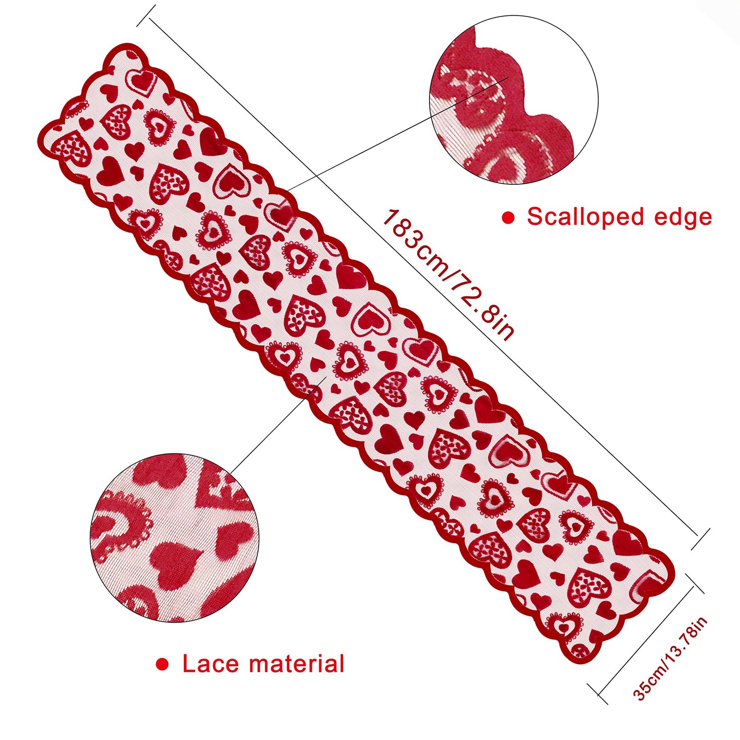 Valentines Day Decor Table Runner - 13 x 72 Inch Red Lace Table Runner for Wedding Party, Valentines Decorations - Valentines Day Decor Home Romantic Decorations Heart Shaped Table Runner