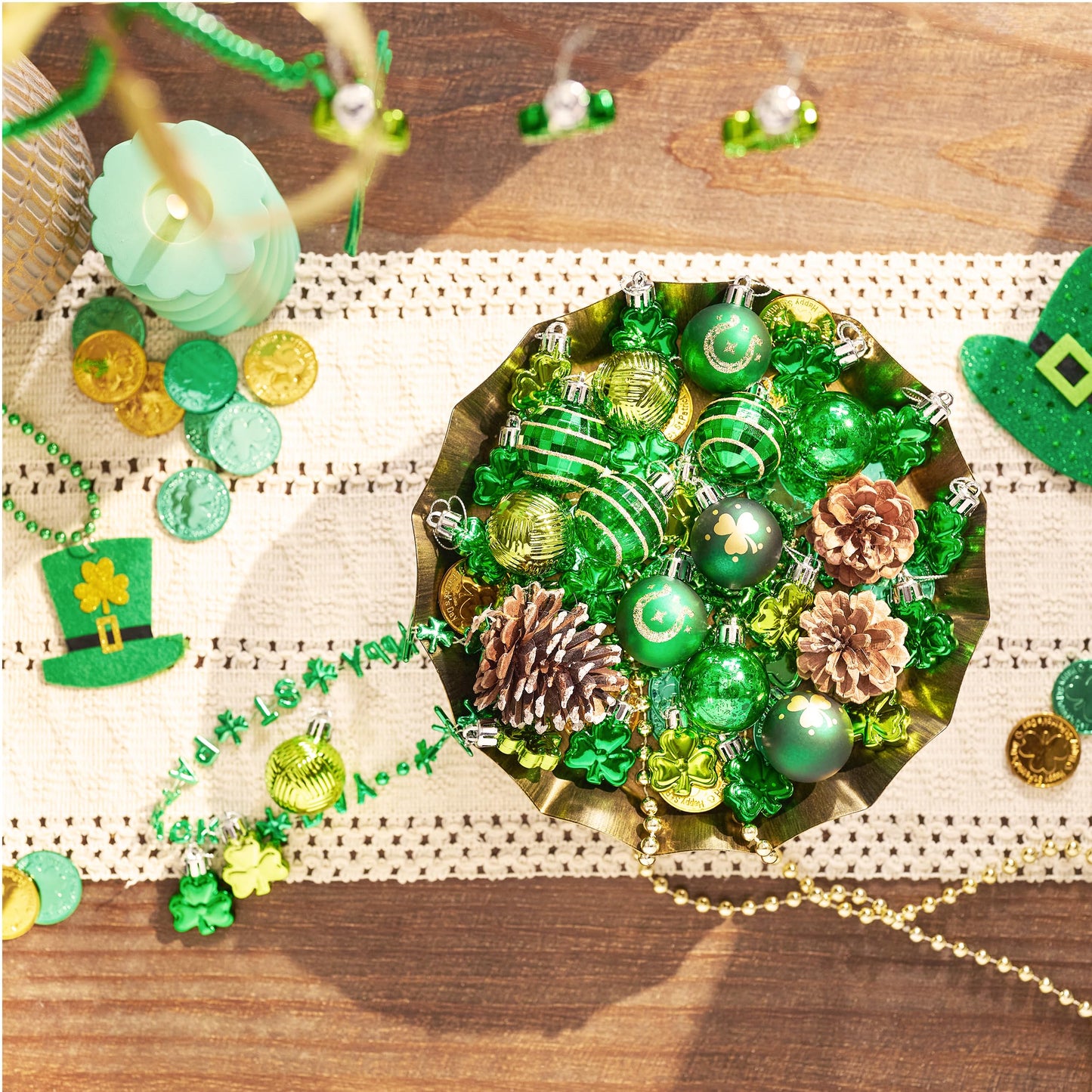 Valery Madelyn St Patricks Day Decorations Shamrock Tree Ornament Set, 28pcs 1.57inch Hanging Ball Ornament Irish Festival Decor, Good Luck Clover Green Gold Christmas Ball for Party Home Spring